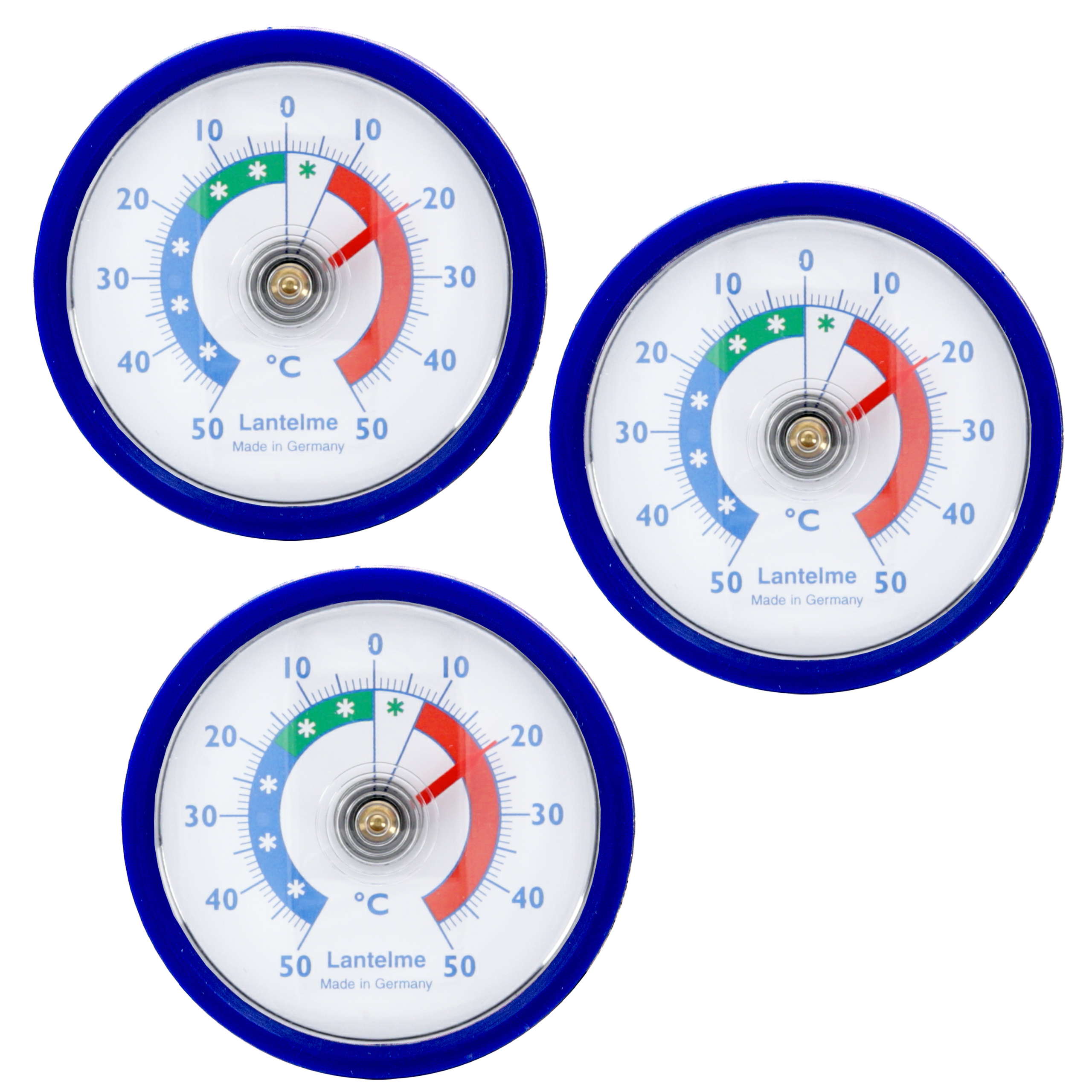 Drei runde, blaue Lantelme-Thermometer mit weißem Zifferblatt auf weißem Hintergrund.