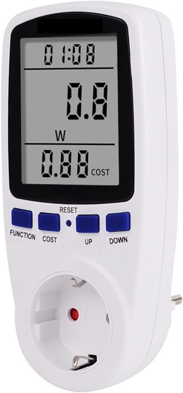 Ein weißes Energiemessgerät mit digitalem Display und vier blauen Knöpfen.