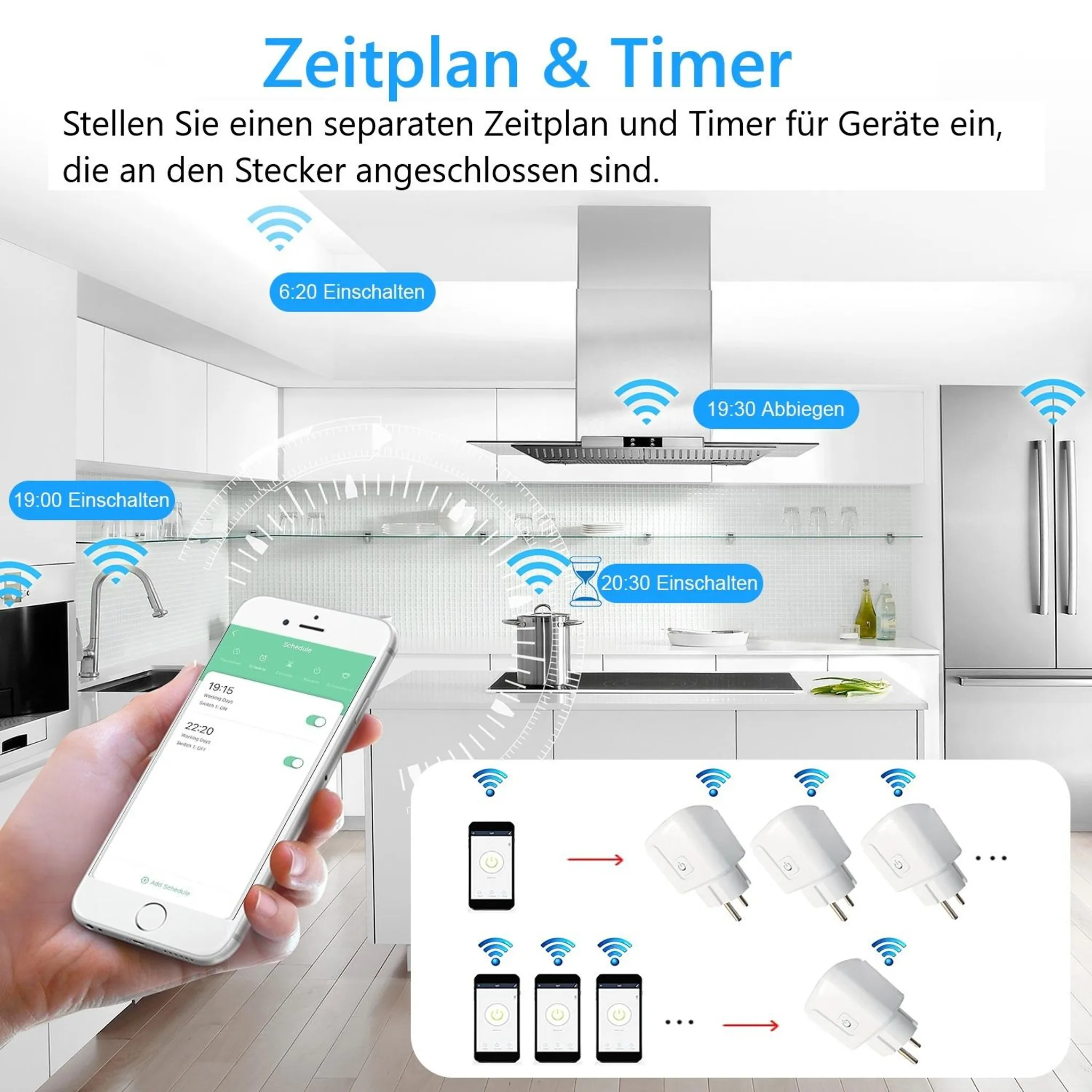 Ein Smartphone in der Hand zeigt eine Smart-Home-App, im Hintergrund eine moderne Küche und smarte Steckdosen.