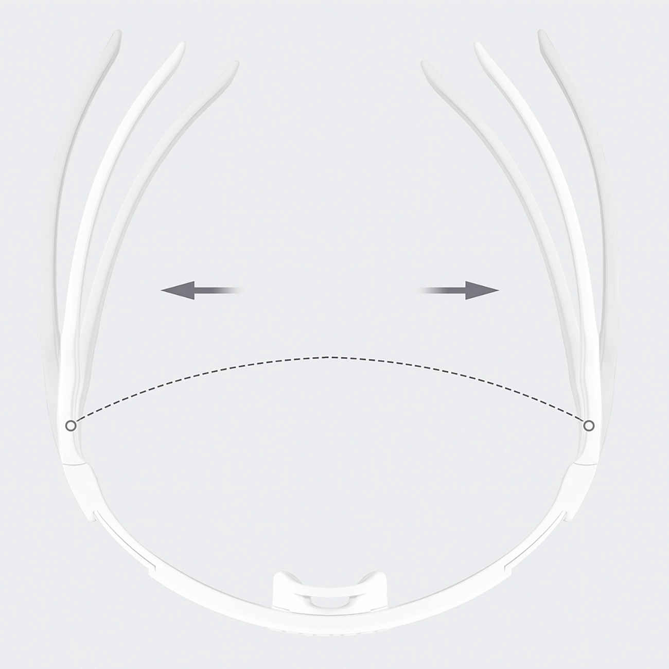 Diagramma che mostra stanghette di occhiali bianchi flessibili con frecce e una linea tratteggiata.