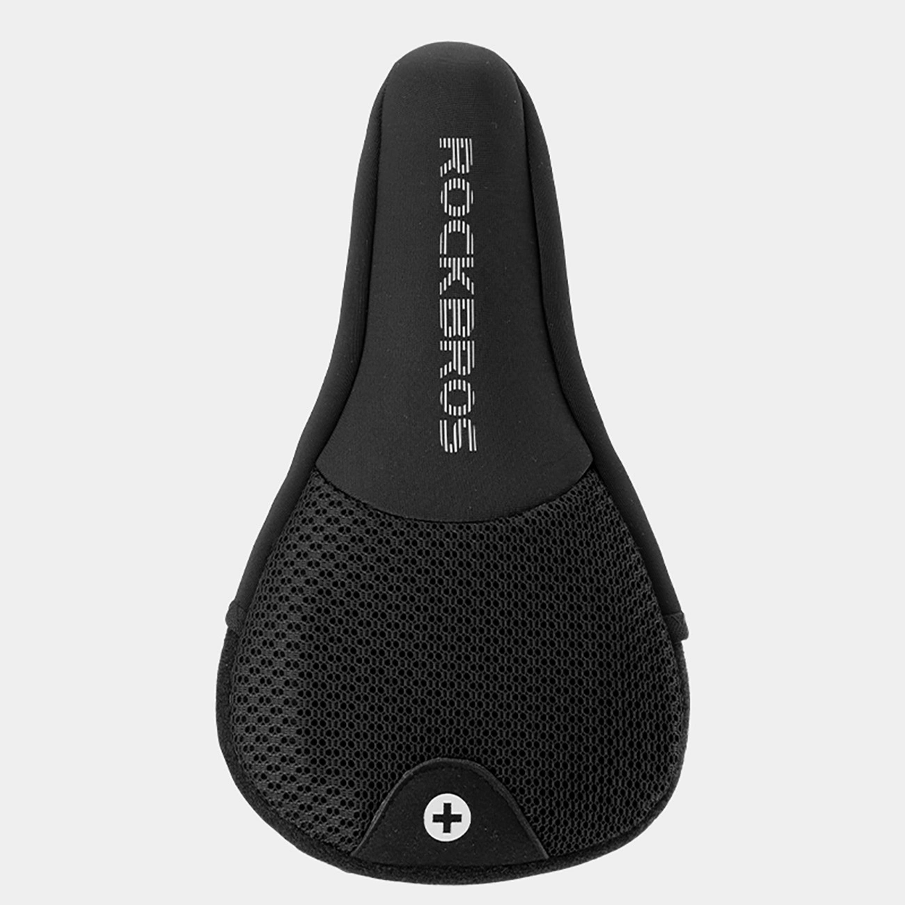Ein schwarzer RockBros Fahrradsattelbezug mit Netzeinsatz und einem runden weißen Plus-Symbol.