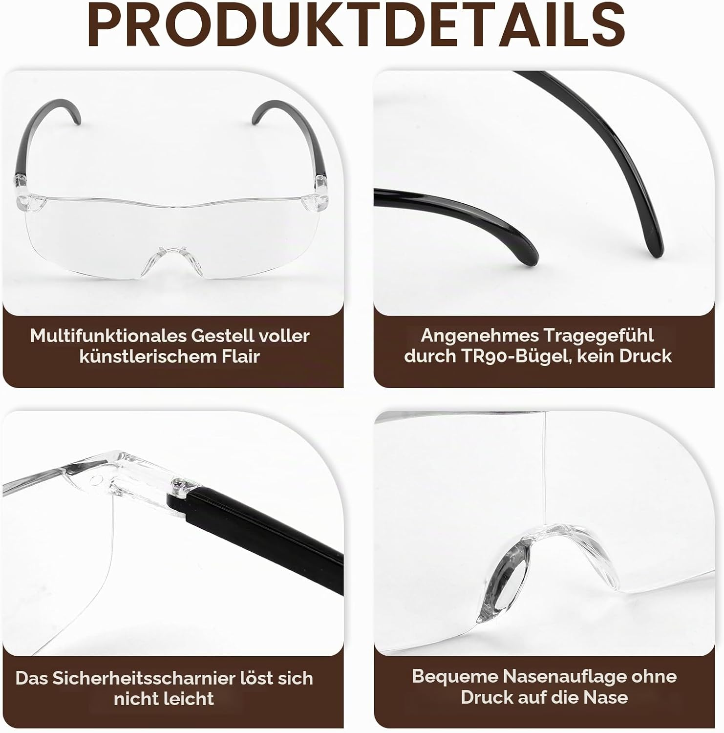Produktdetails von Brillen mit klaren Gläsern, flexiblen Bügeln, stabilen Scharnieren und komfortabler Nasenauflage.
