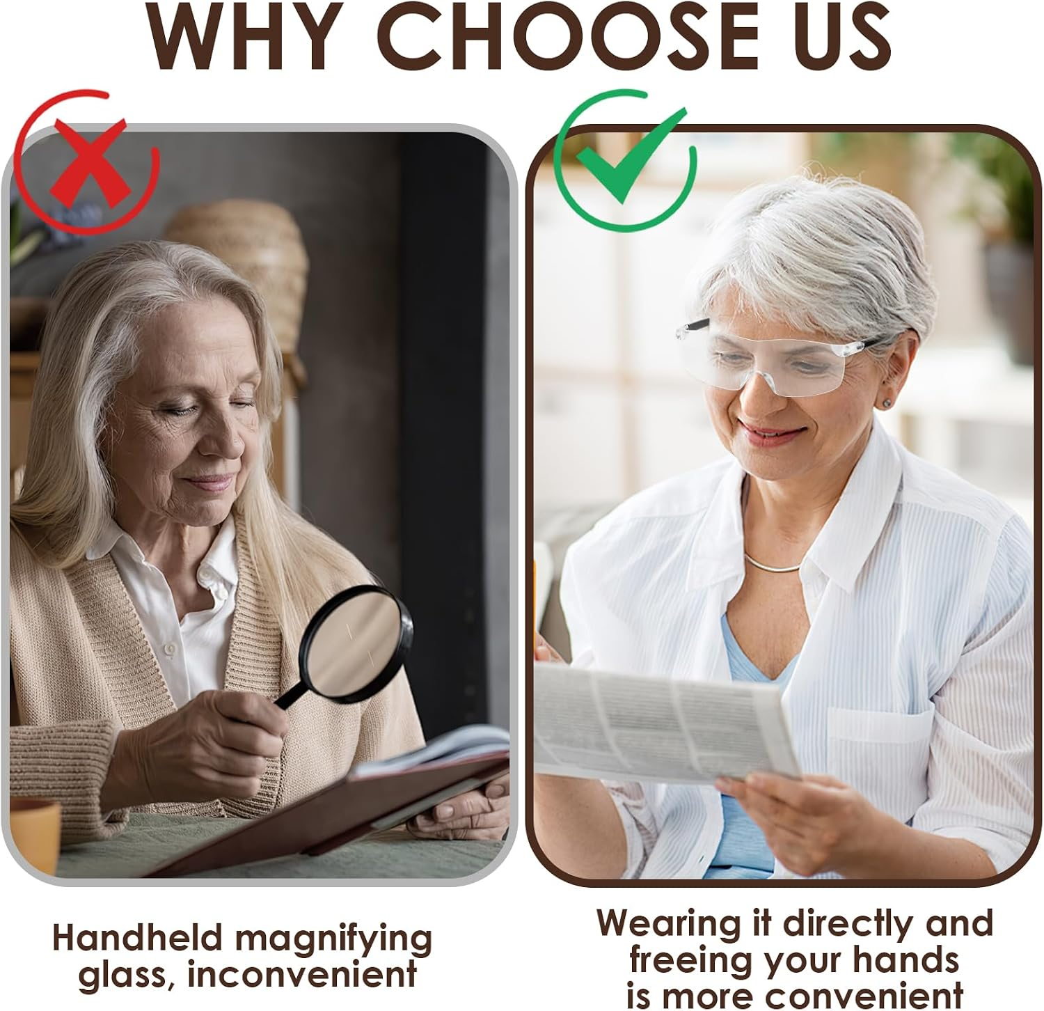 Vergleich: Ältere Frau nutzt Handlupe vs. tragbare Vergrößerungsbrille.