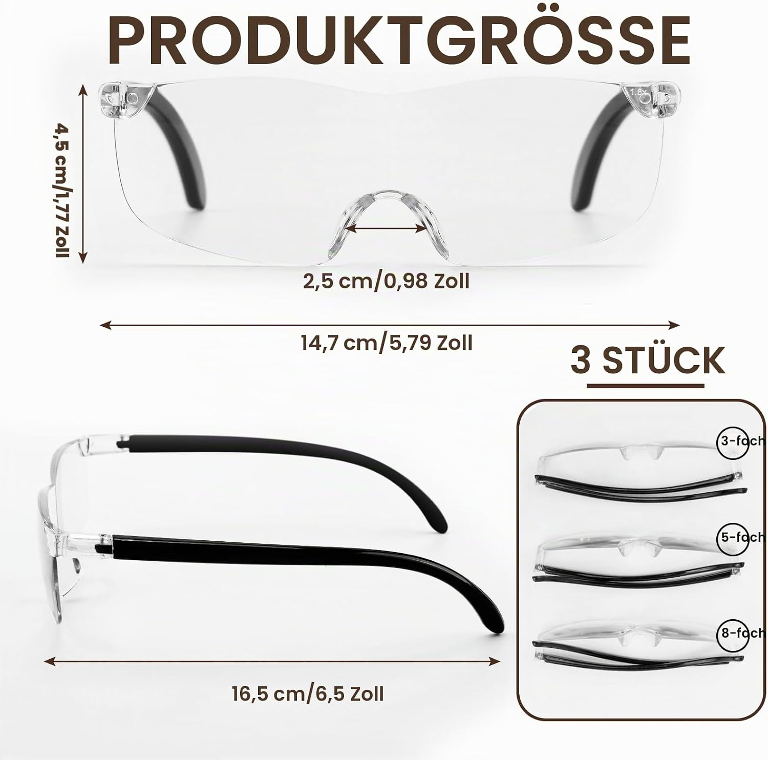 Produktgröße und Maße von drei Vergrößerungsbrillen mit verschiedenen Dioptrien.
