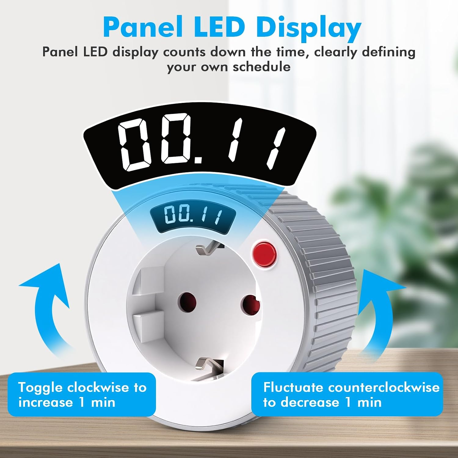 Ein Smart-Stecker mit digitalem LED-Timer, der 00:11 anzeigt, auf einem Holztisch mit Pfeilen für Drehrichtungen.
