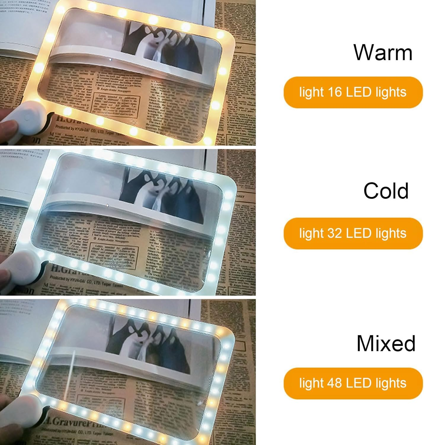 Vergleich einer rechteckigen Lupe mit warmem, kaltem und gemischtem LED-Licht auf gedrucktem Papier.