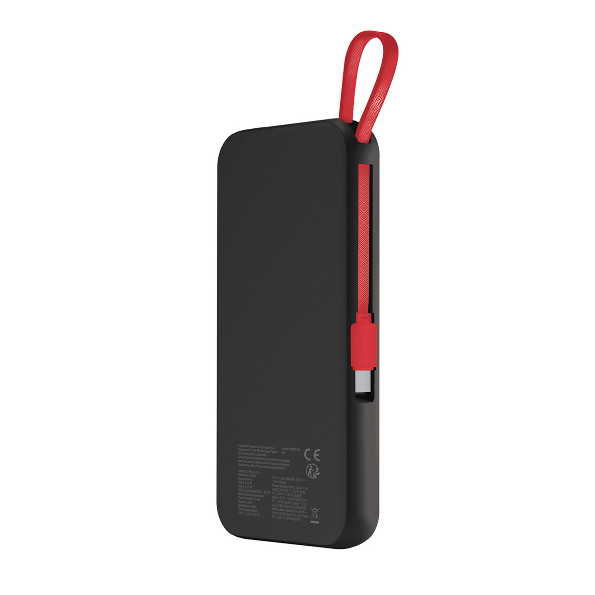 Schwarze Powerbank mit rotem integrierten Ladekabel und Trageschlaufe vor weißem Hintergrund.
