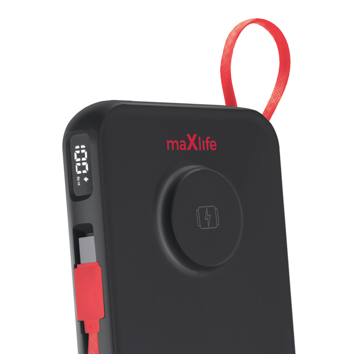 Schwarze Maxlife Powerbank mit rotem Trageband, digitaler Anzeige und integriertem Ladekabel.