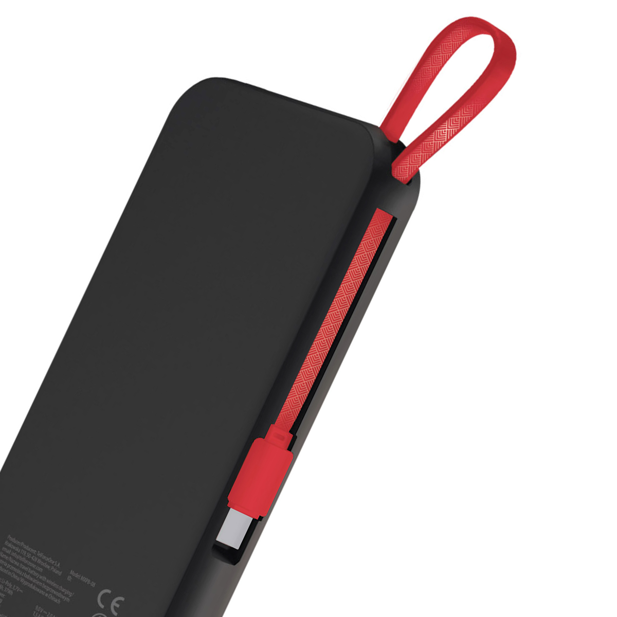 Eine schwarze Powerbank mit einem roten integrierten USB-C-Kabel und einer roten Trageschlaufe vor weißem Hintergrund.