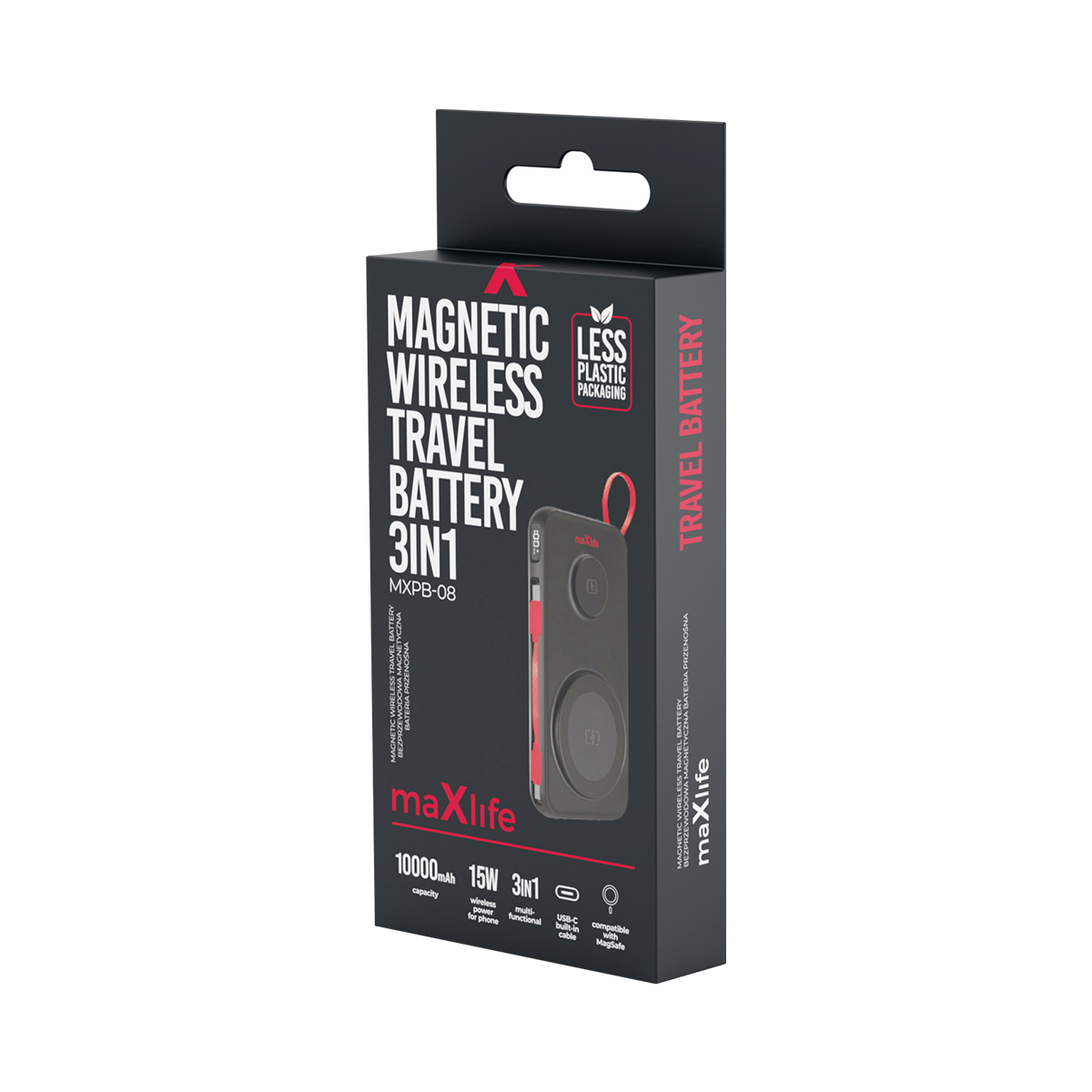 Schwarze Verpackung einer MaxLife 3in1 magnetischen kabellosen Reise-Powerbank mit weißem Text.