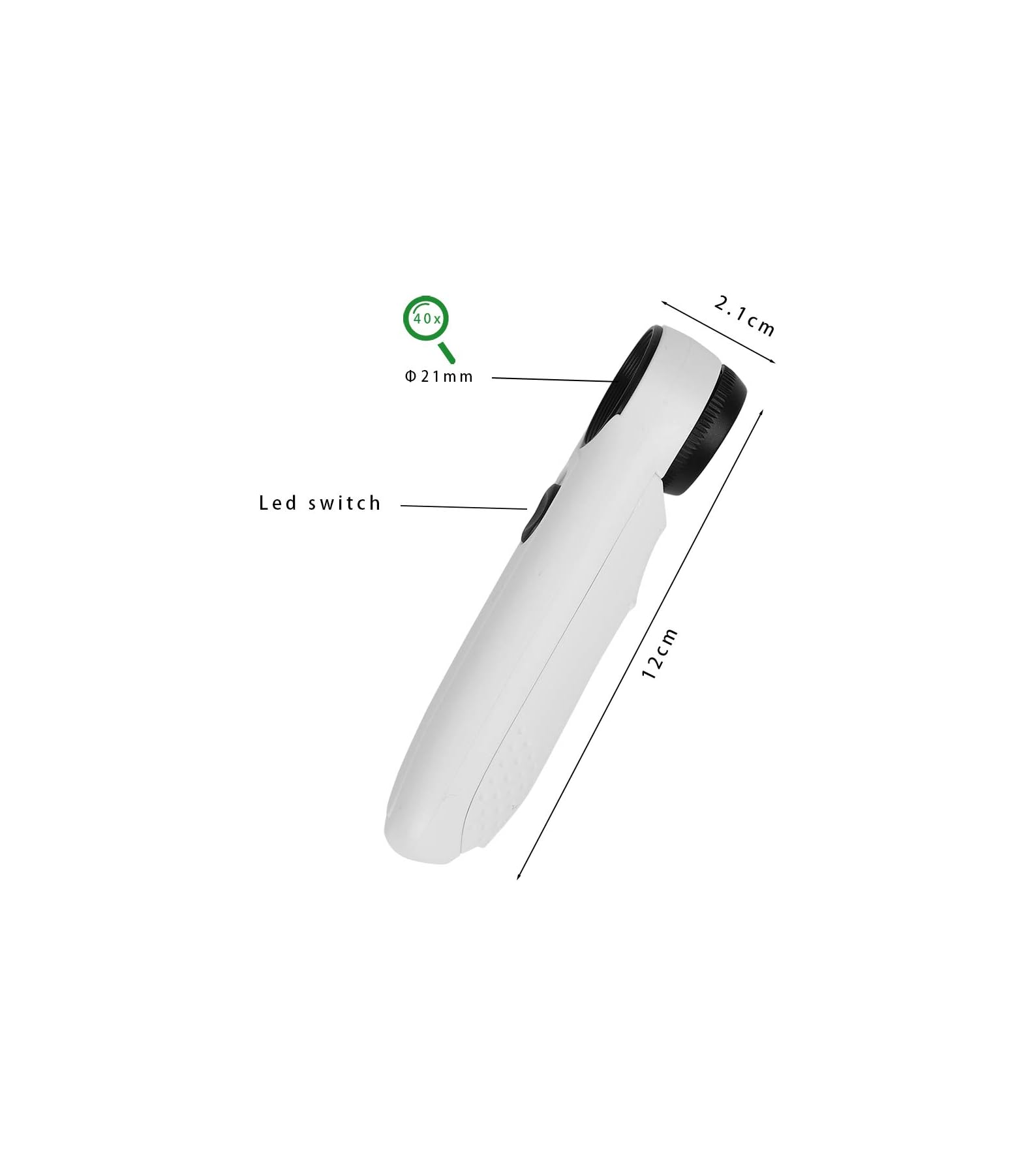 Diagramm einer weißen Handlupe mit LED-Schalter und Maßen für 40x Vergrößerung.