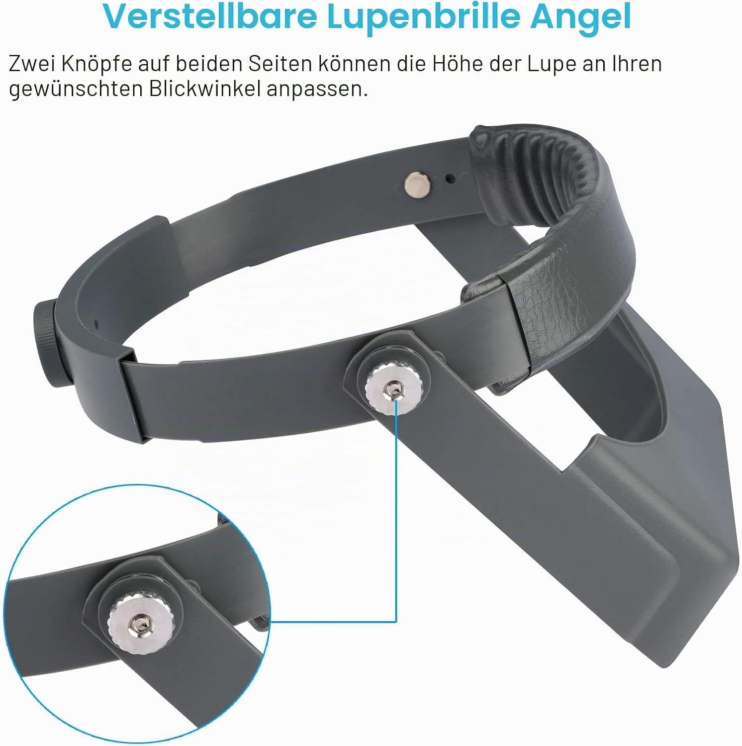 Graues, verstellbares Lupenbrillen-Stinband mit Einstellknöpfen an den Seiten, auf weißem Hintergrund.