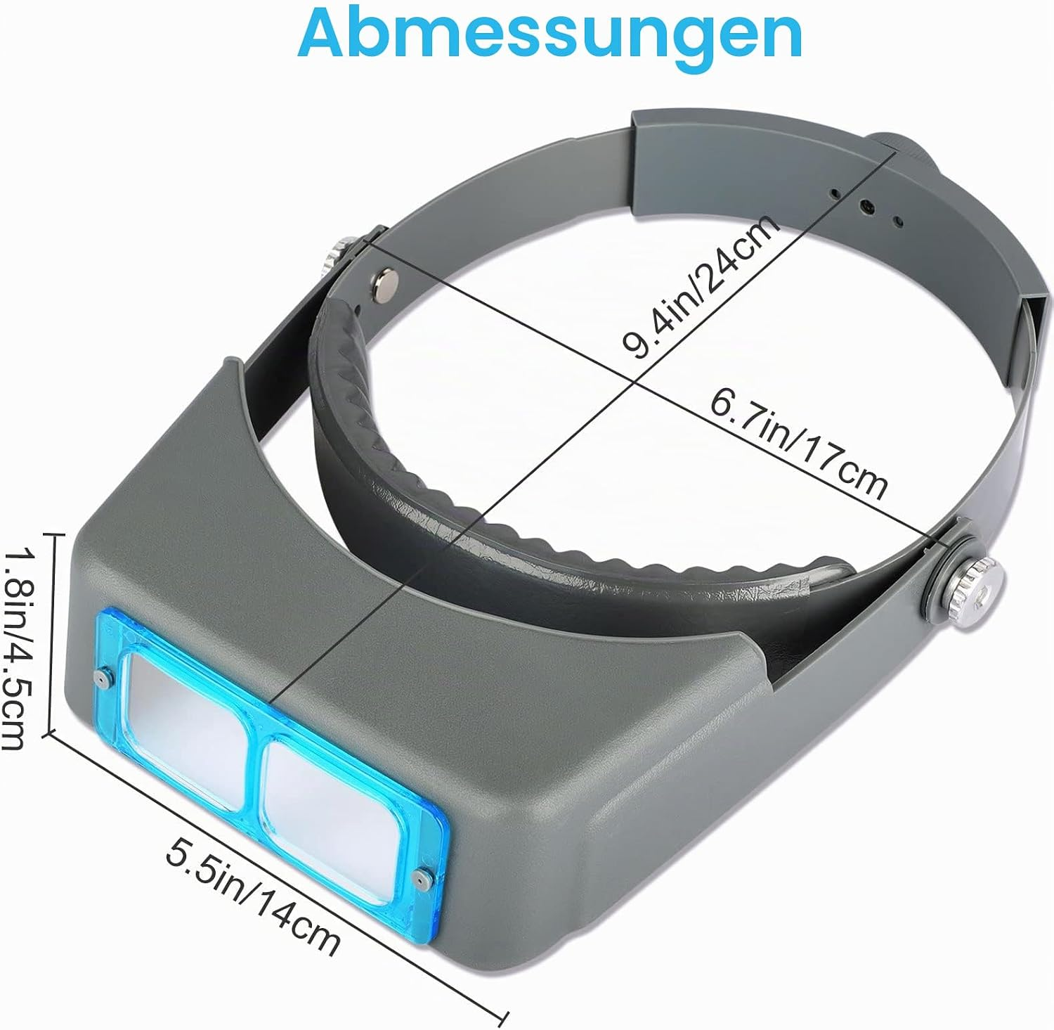 Graue Kopflehnlupe mit blauer Einfassung und Maßen in Zoll und Zentimetern.