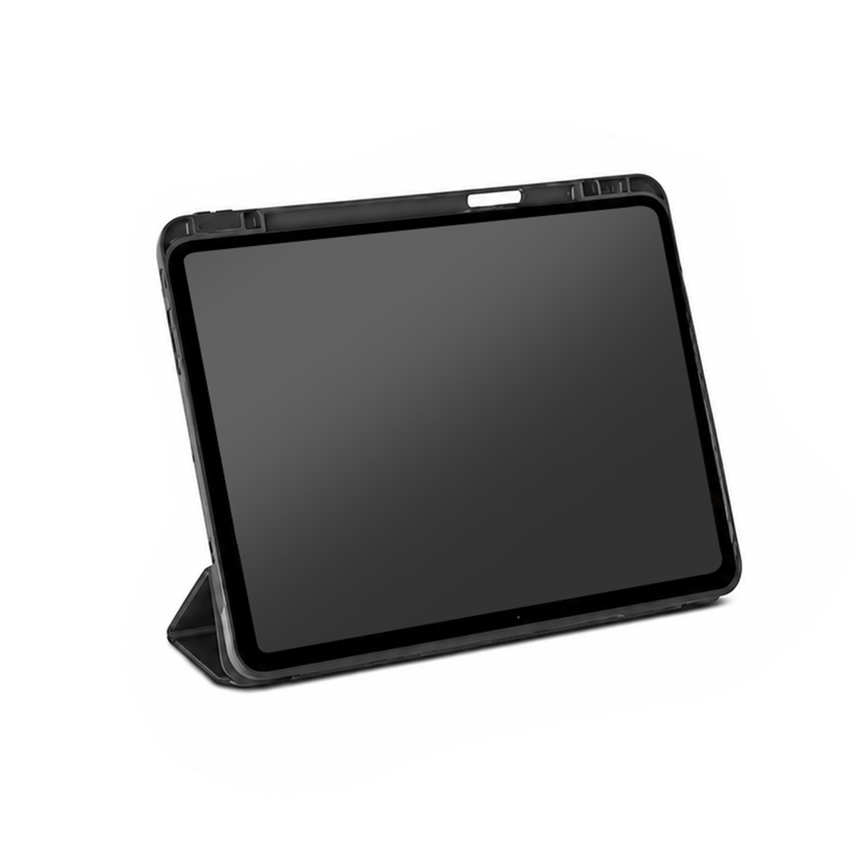 Ein schwarzes Tablet in einer Schutzhülle steht leicht nach rechts geneigt auf weißer Oberfläche.