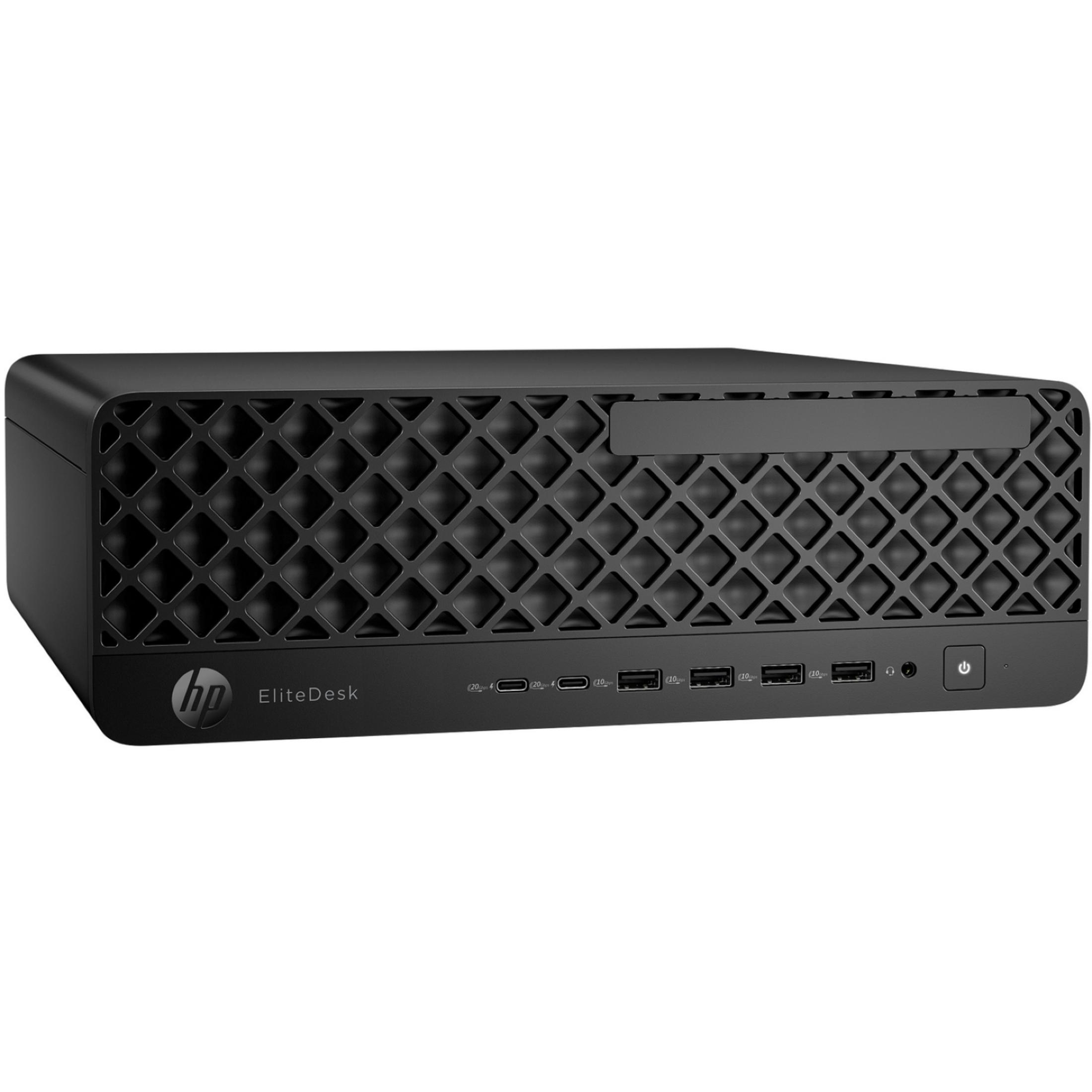 Zwarte HP EliteDesk mini-pc met poorten aan de voorkant en ruitvormig ventilatierooster op een witte achtergrond.