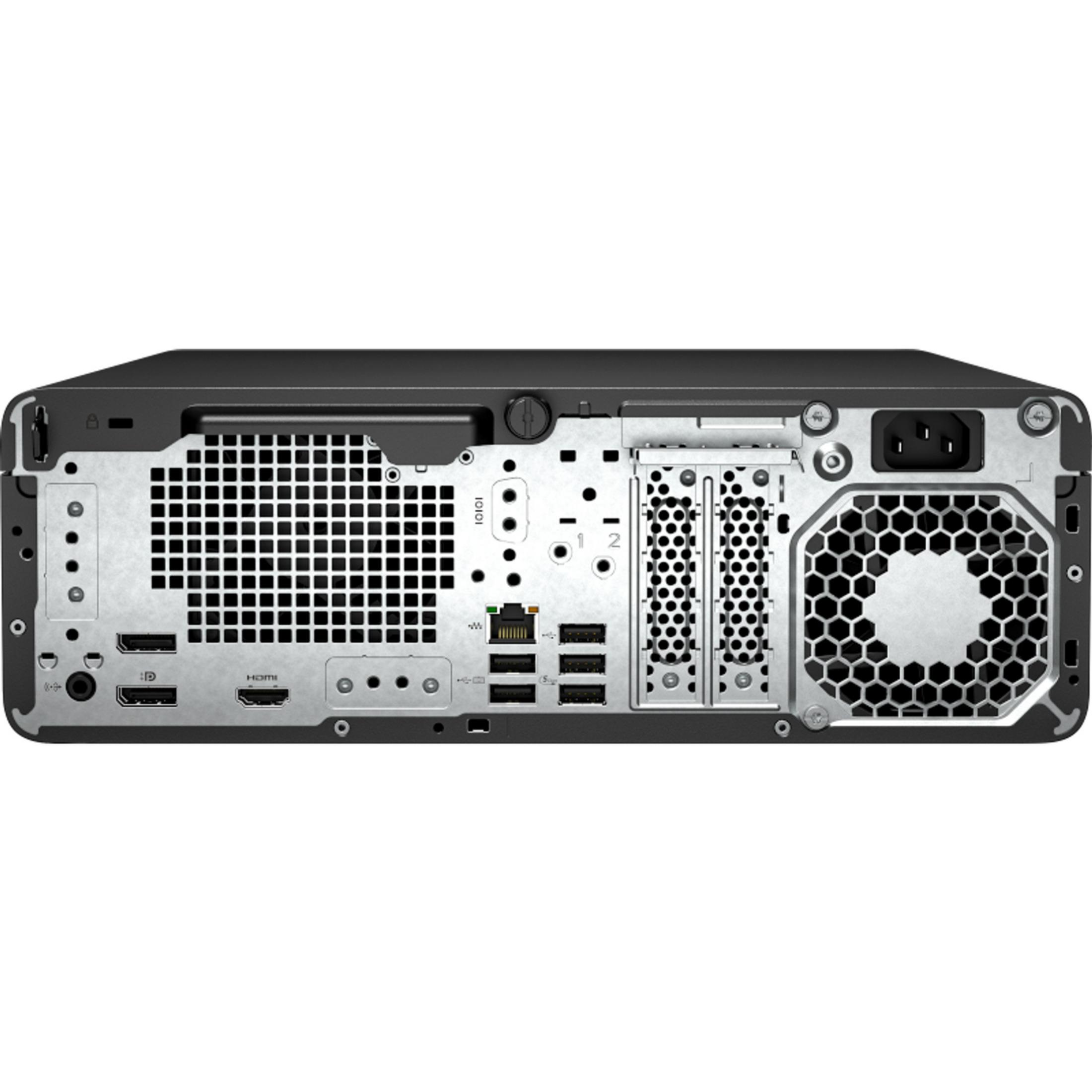 Achterpaneel van een desktopcomputer met USB-, HDMI-, DisplayPort- en Ethernet-poorten.