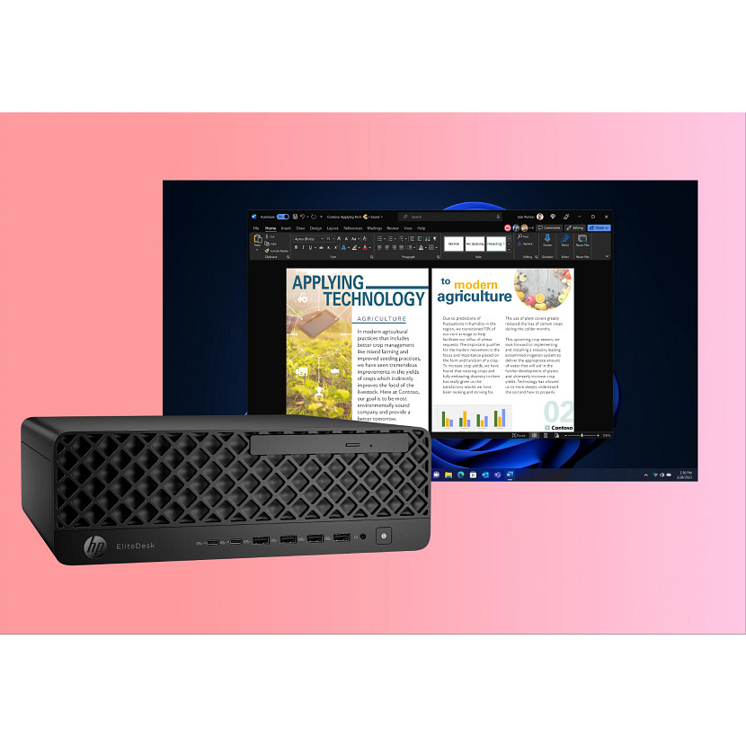 Een HP EliteDesk PC voor een monitor met een Word-document tegen een roze en donkerblauwe achtergrond.