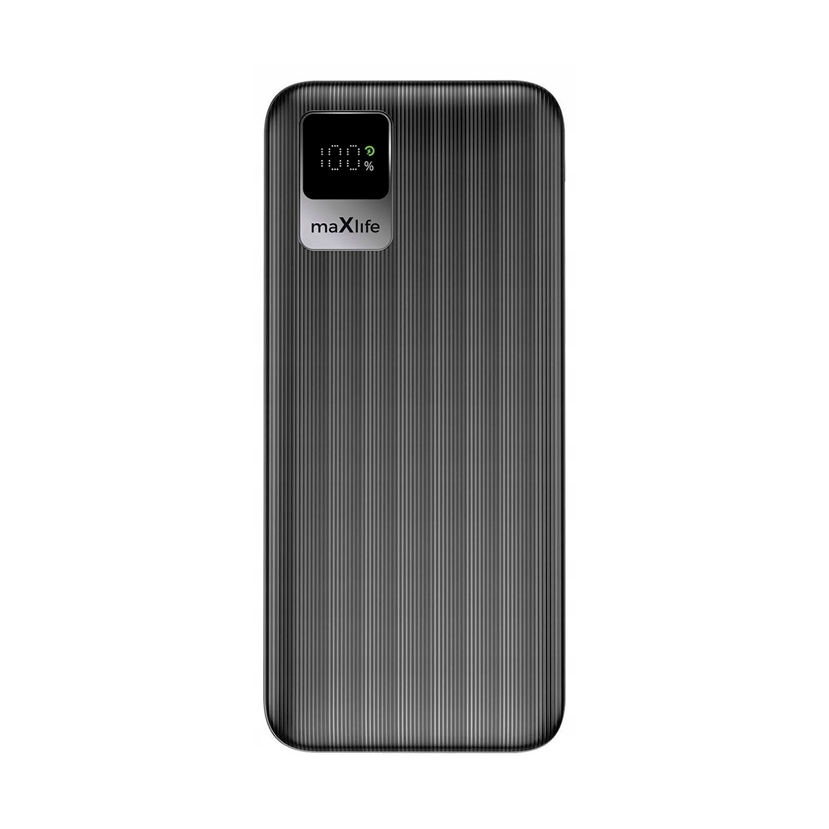Eine schwarze MaxiLife Powerbank mit gerippter Oberfläche und einem digitalen LED-Bildschirm oben links.