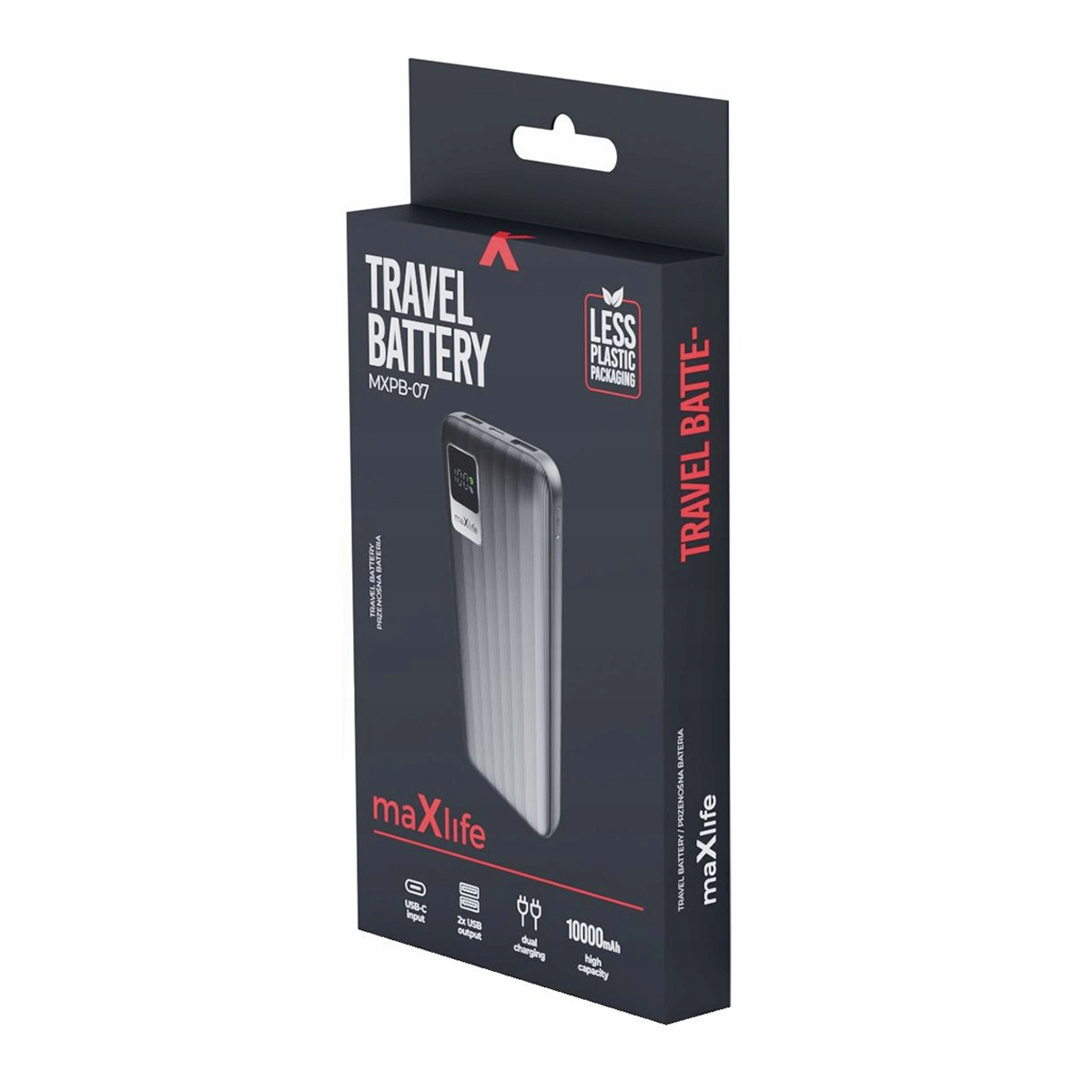 Eine schwarze MaxLife Reisebatterie-Verpackung mit einer Abbildung einer grauen Powerbank und Textdetails.