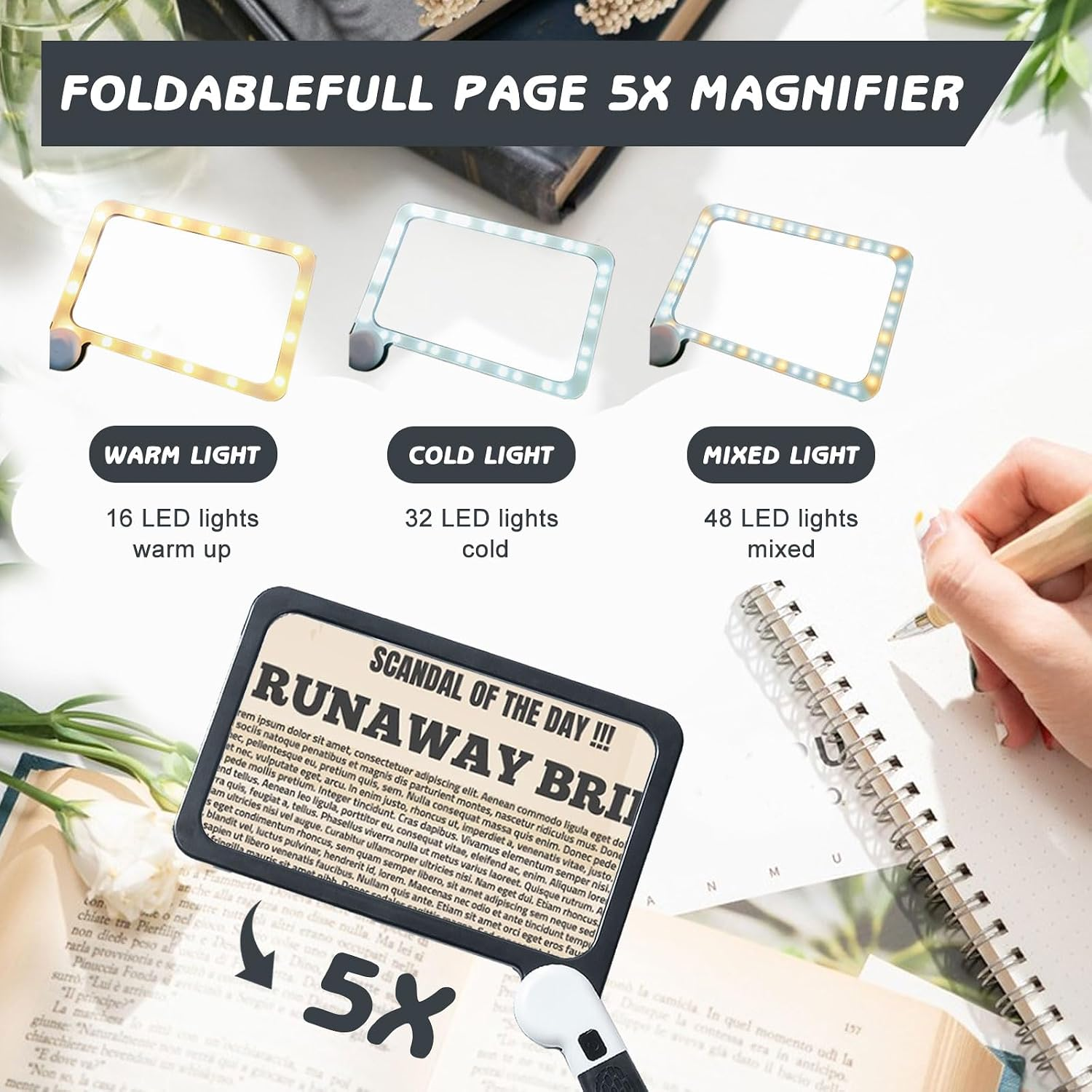 Vergleich von Lupe mit Warm-, Kalt- und Mischlicht. Text liest 'Fodablefull page 5x magnifier'.