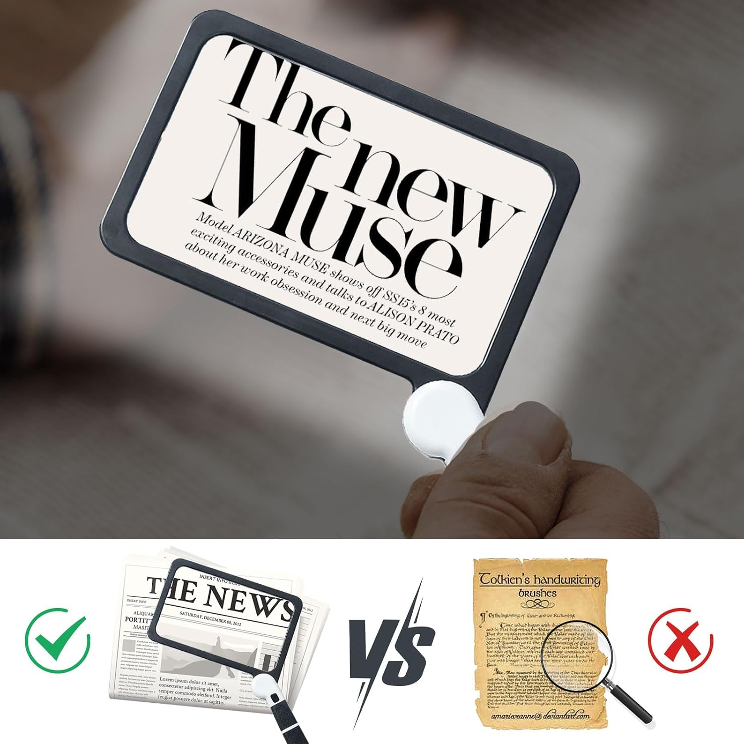 Eine rechteckige Lupe mit der Aufschrift 'The new Muse', darunter Vergleichssymbole für richtige und falsche Anwendung.