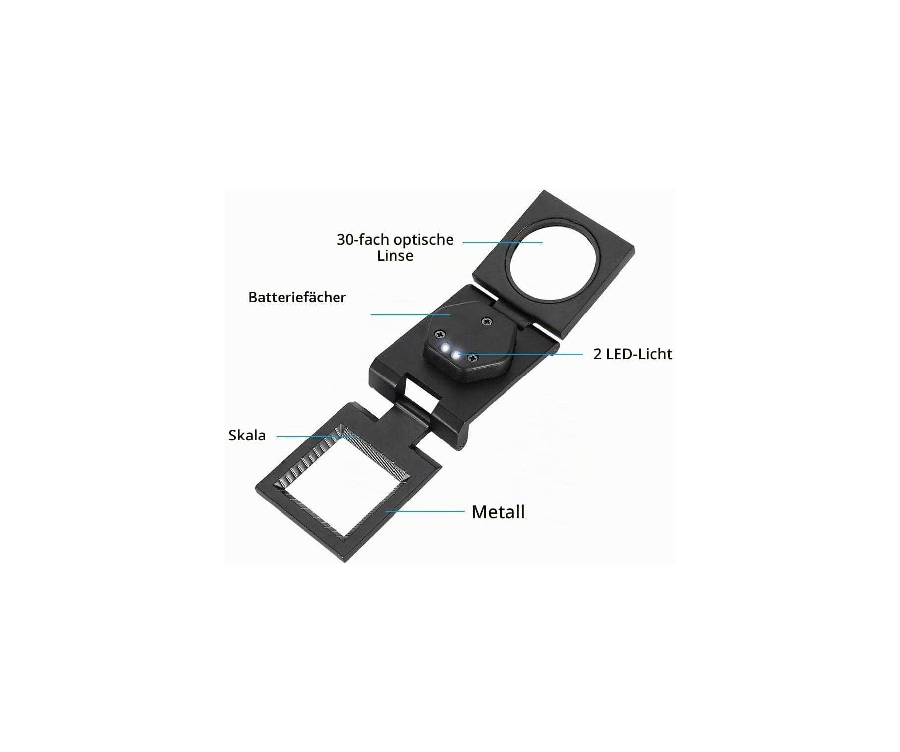 Eine schwarze Klapplupe mit 30-facher Linse, LED-Licht, Batteriehalterung und Messskala.