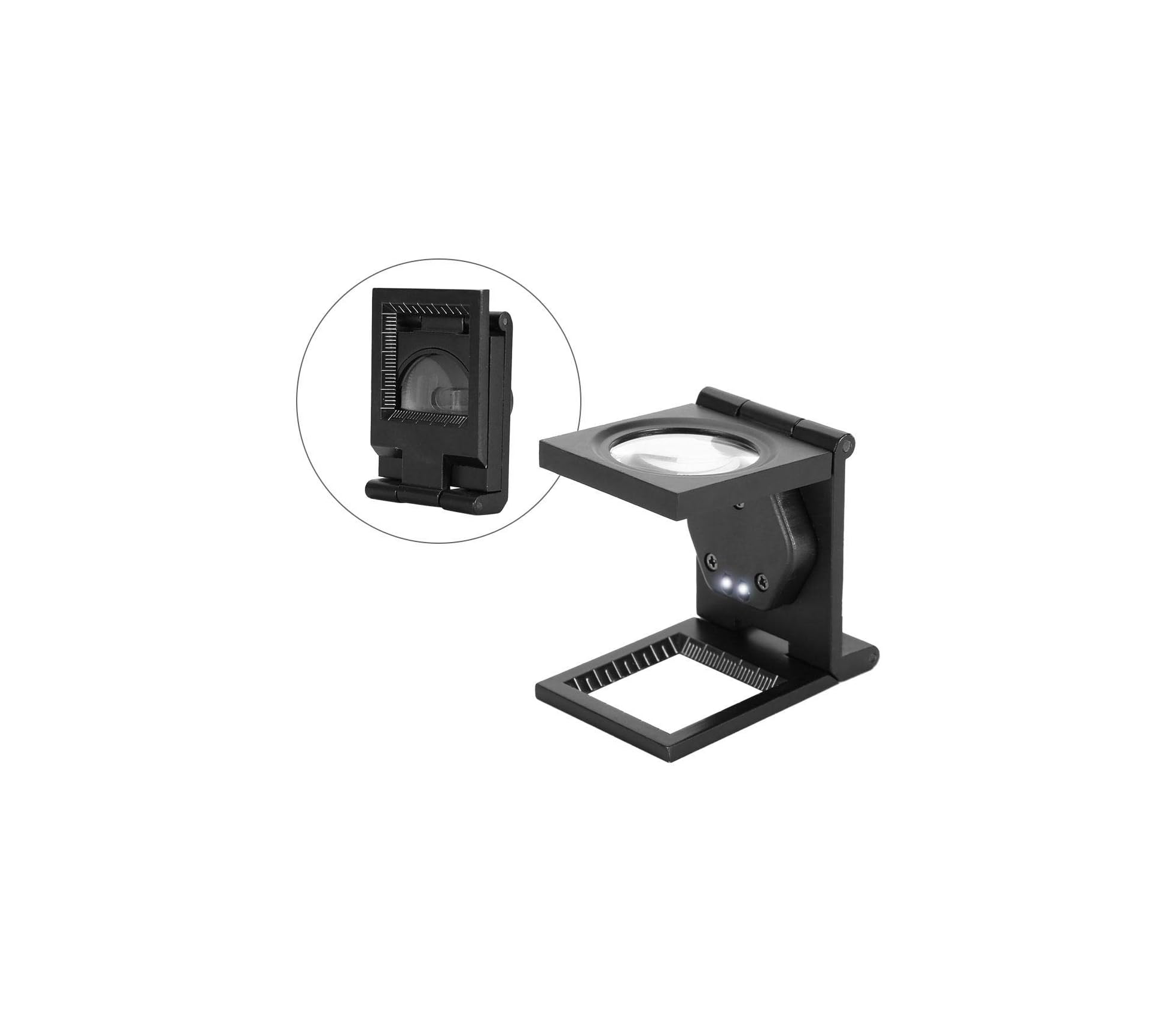 Schwarze Klapplupe mit integrierten LED-Leuchten und Messskala.
