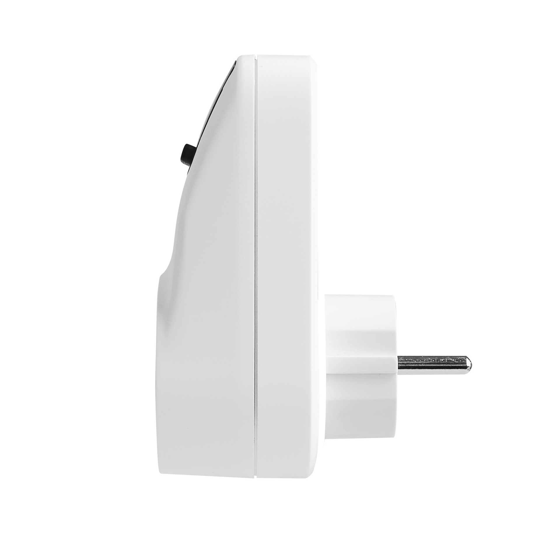 Seitenansicht eines weiÃen elektrischen Steckdosenadapters mit einem Metallstift auf einem weiÃen Hintergrund.