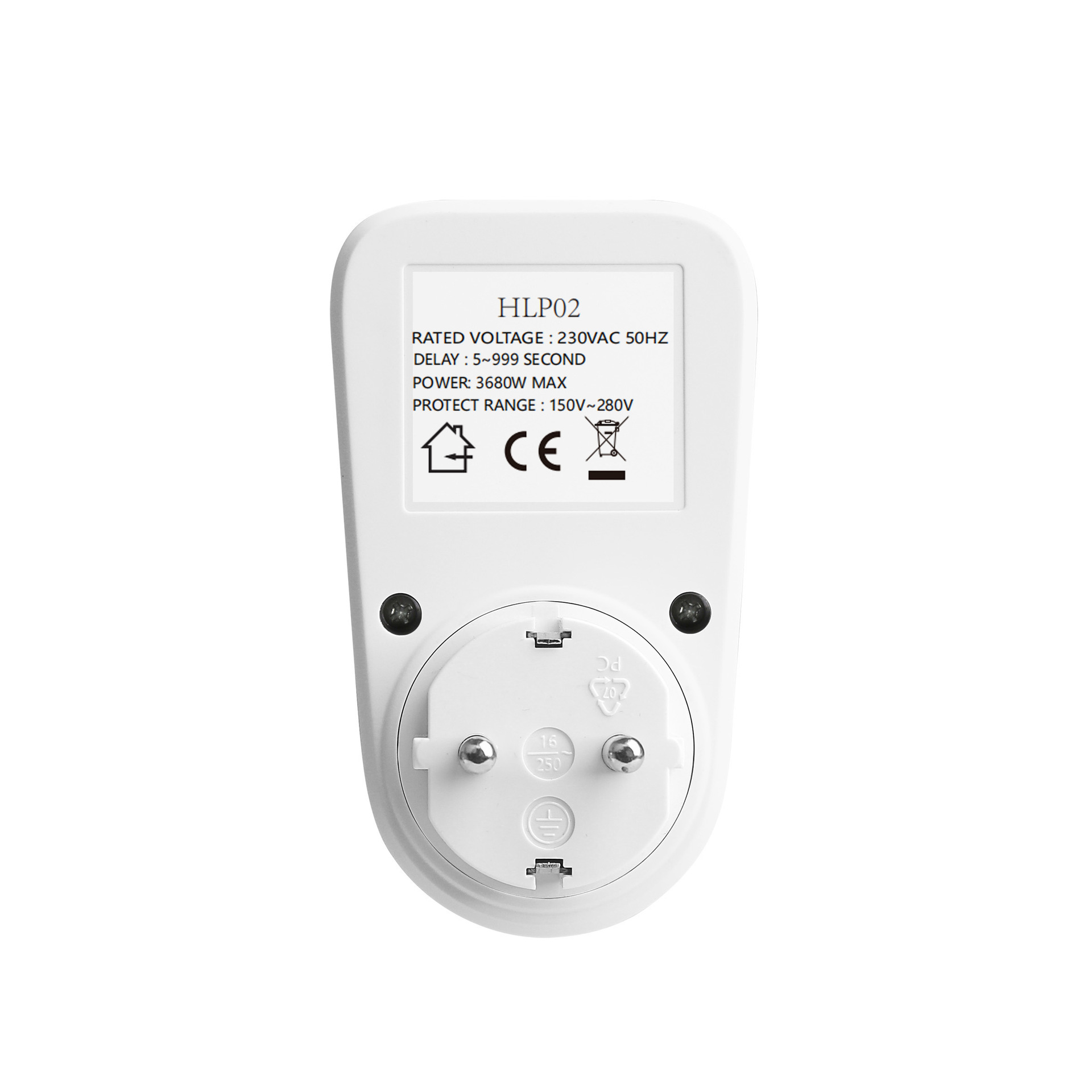 Weißer digitaler Spannungsprüf-Adapter mit Steckdose und technischem Etikett auf weißem Hintergrund.