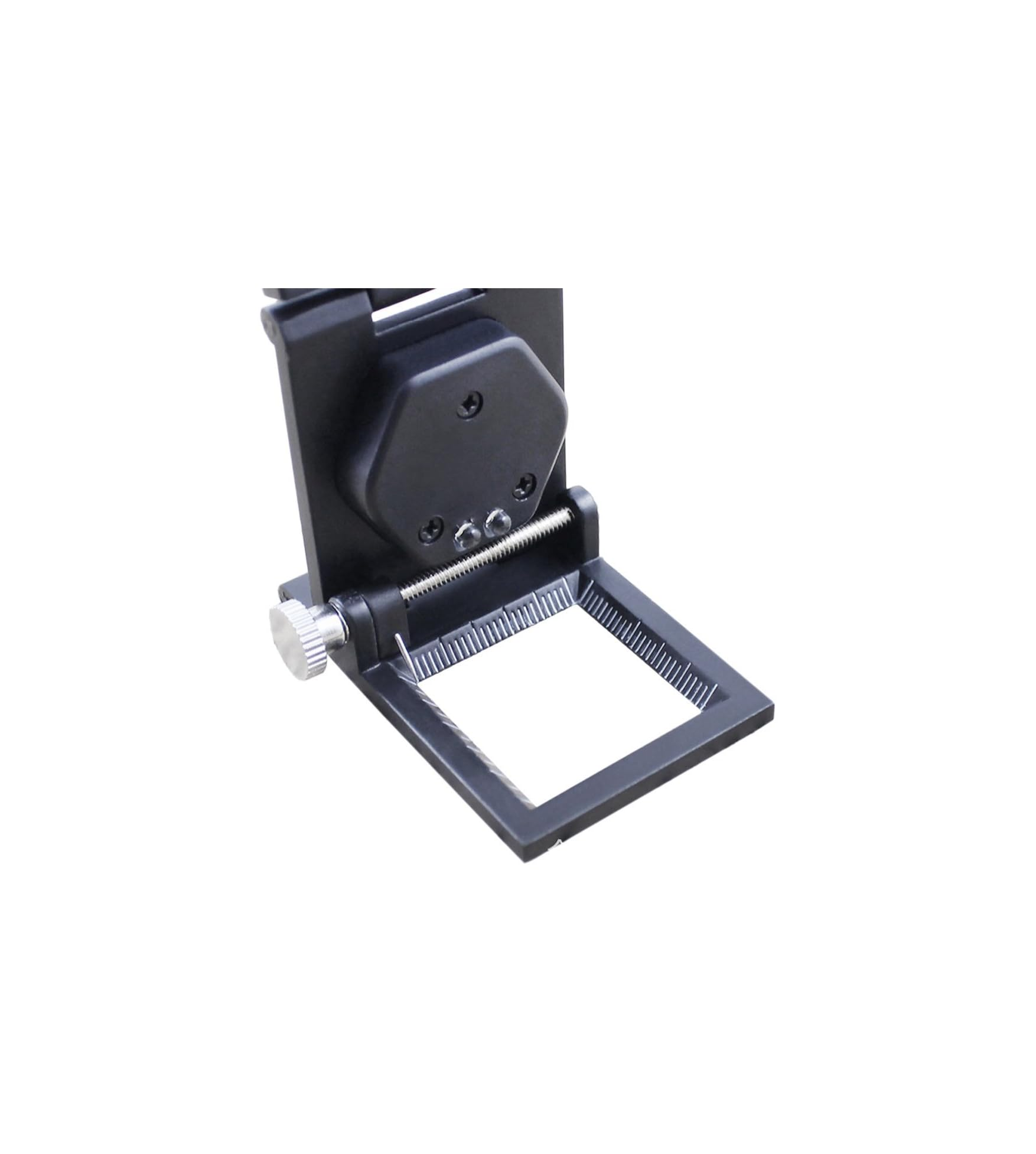Ein schwarzes Metallgerät mit einer Skala und einem silbernen Drehknopf auf weißem Hintergrund.