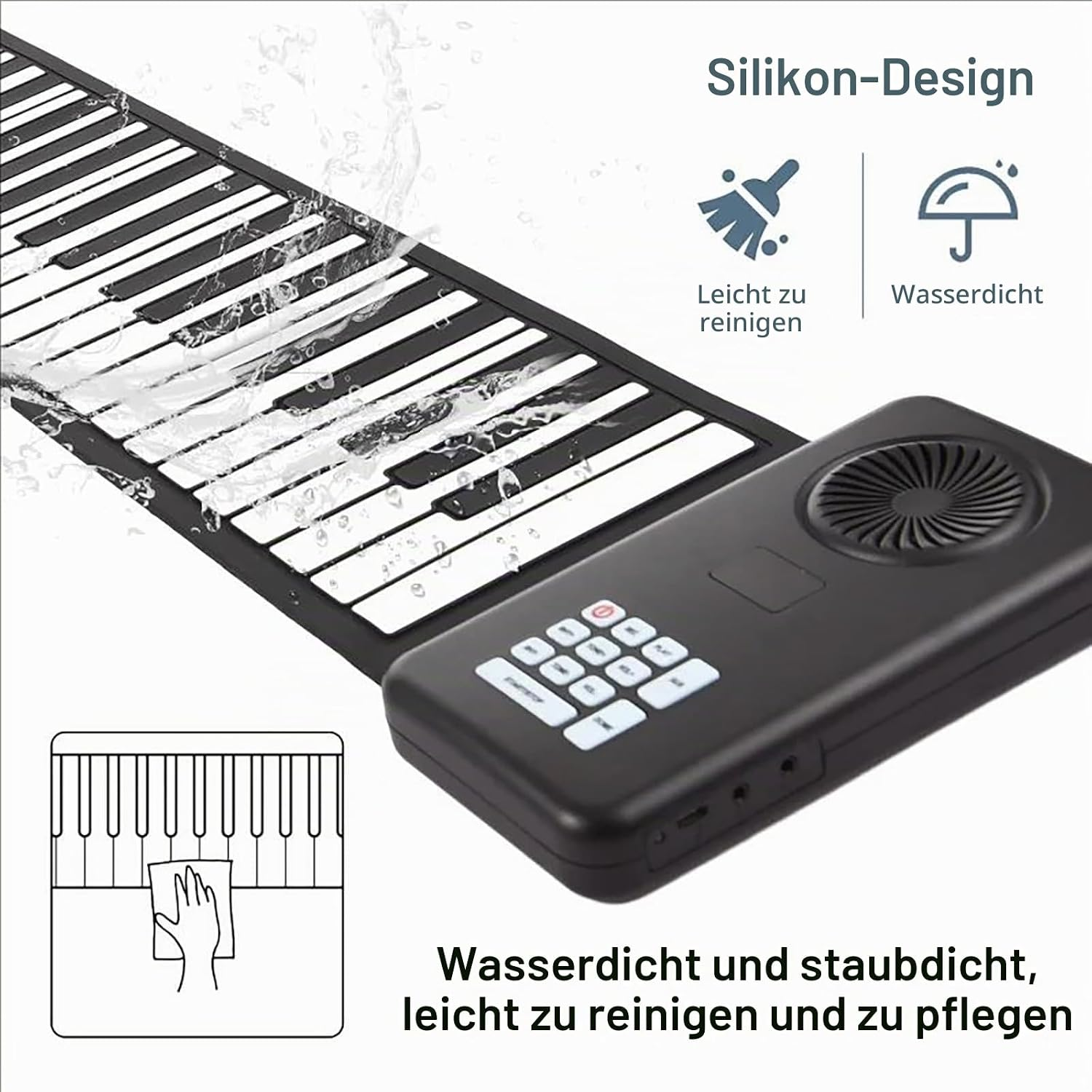 Ein flexibles Roll-Piano mit Wasserspritzern und Bedienfeld, das wasserdichte und leicht zu reinigende Eigenschaften zeigt.