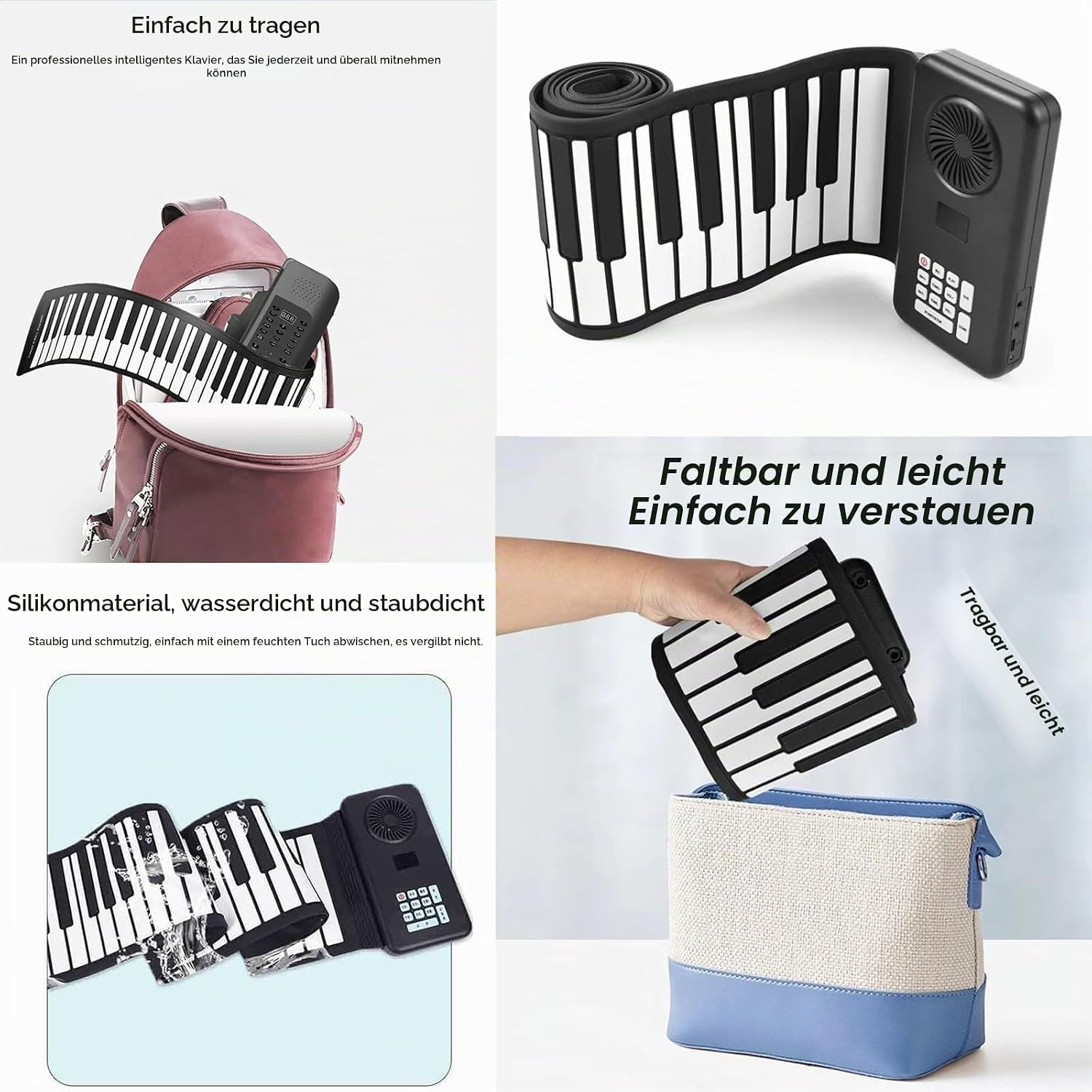 Ein tragbares, zusammenrollbares Klavier aus Silikon, das einfach in Taschen verstaut werden kann.