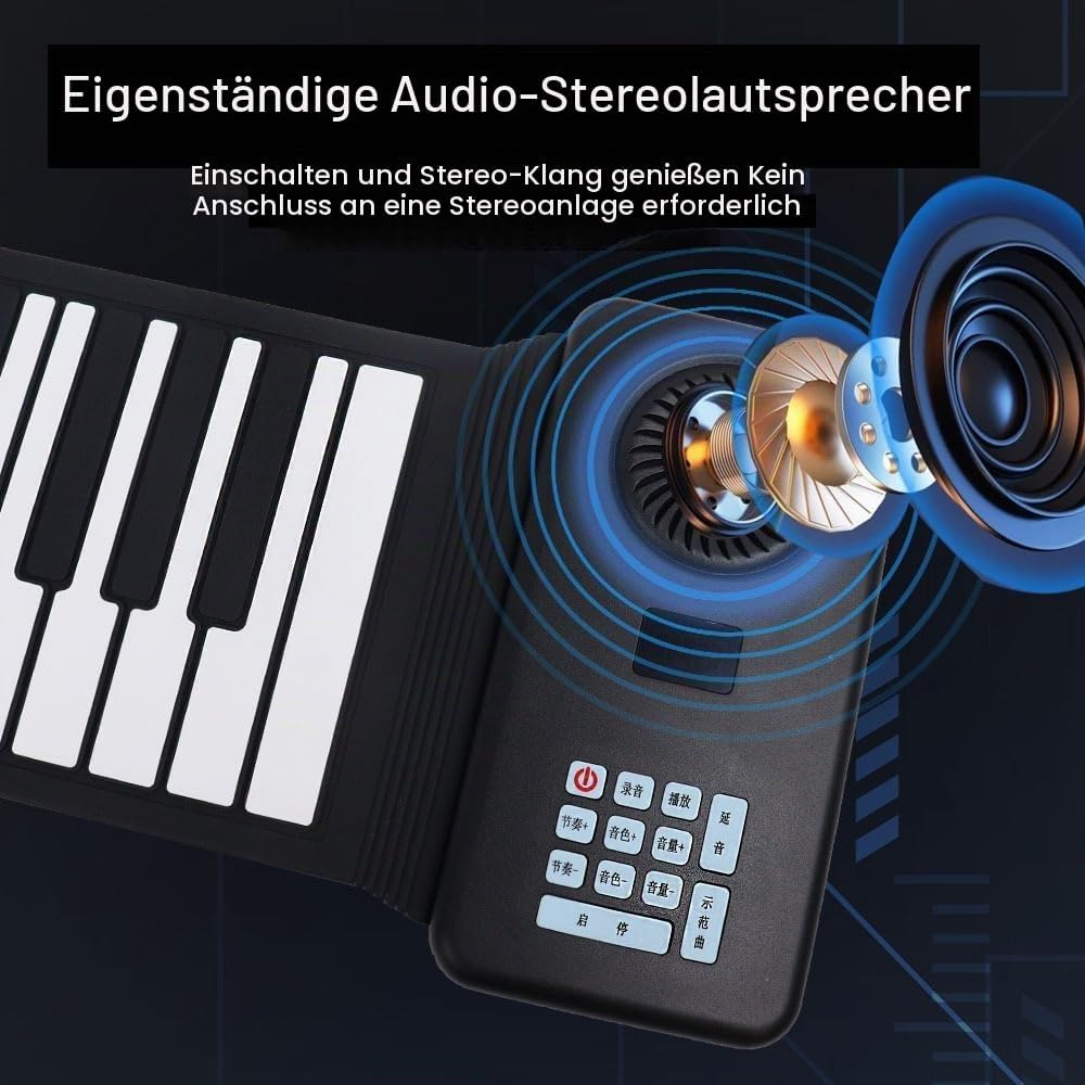 Ein aufrollbares E-Piano mit integrierten Stereolautsprechern und deutscher Beschriftung oben.