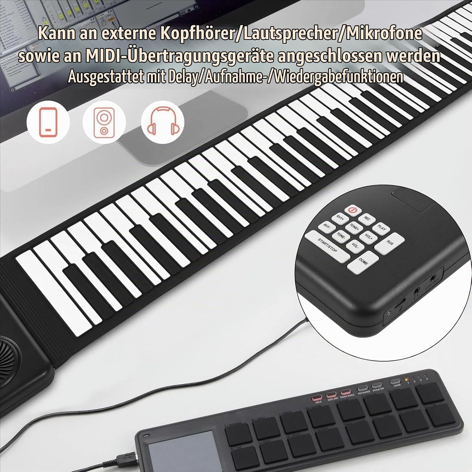 Ein tragbares Roll-up-Klavier mit Control-Box, verbunden mit einem Pad, Textoverlays auf Deutsch und Icons.
