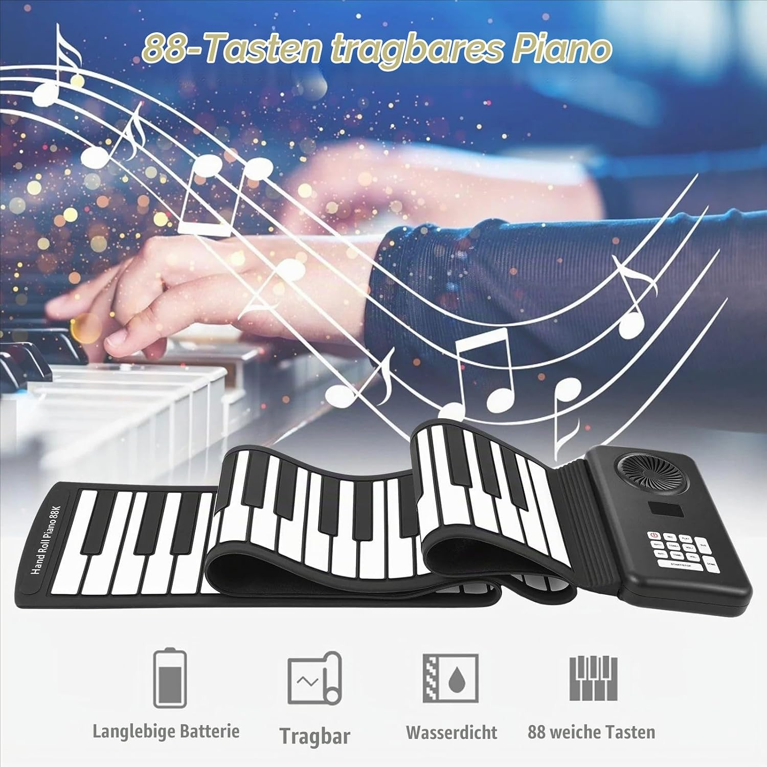 Ein tragbares 88-Tasten-Roll-Piano mit Bedienelementen und Notensymbolen im Hintergrund.