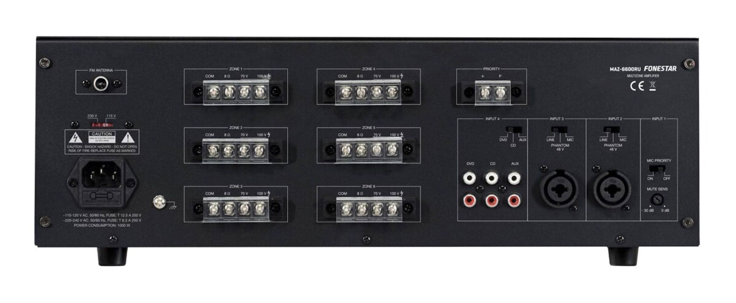 Tylny panel czarnego wzmacniacza strefowego MAZ-6600RU z różnymi złączami audio i zaciskami.