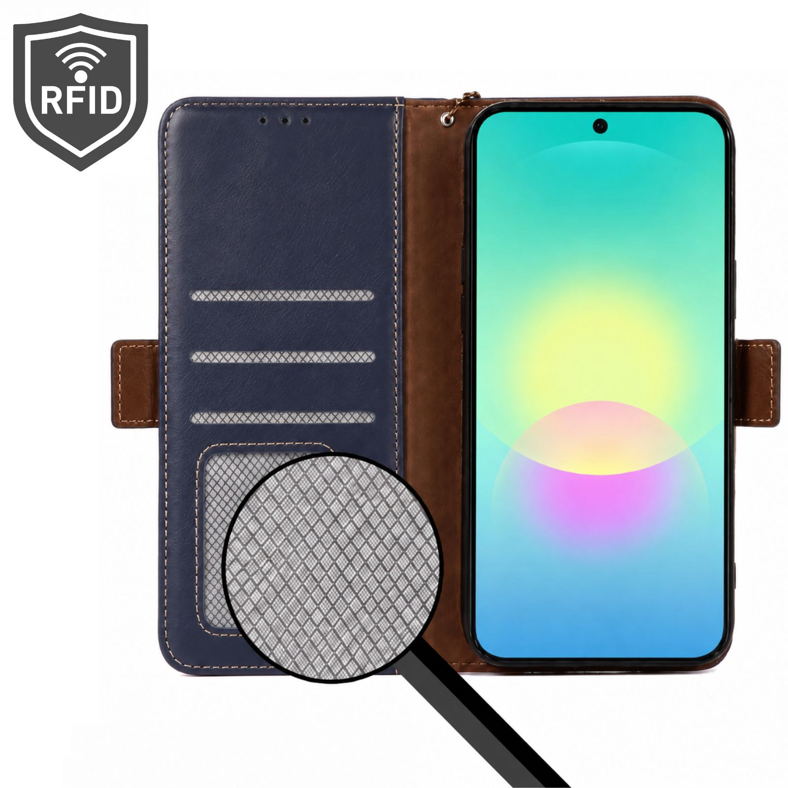 Blaue Brieftasche mit RFID-Schutz und Smartphone-Halterung.