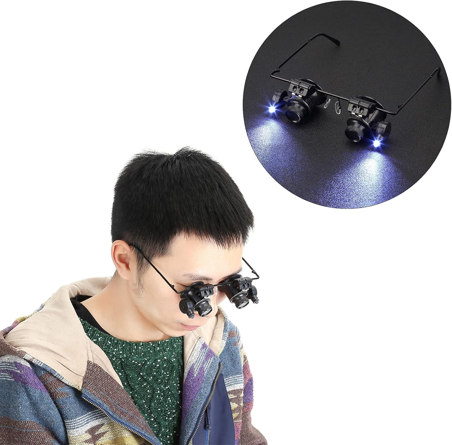 Ein Mann trägt eine Brille mit integrierten Lupe-Gläsern und hellem LED-Licht vor schwarzem Hintergrund.