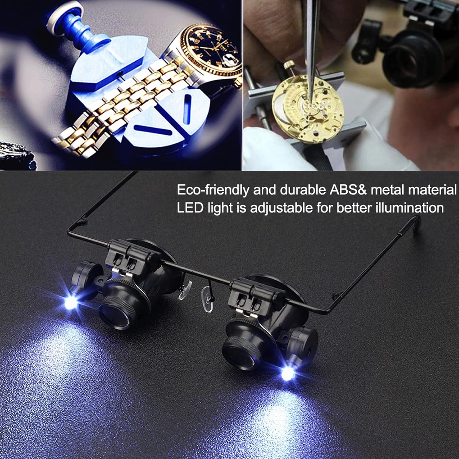 Eine Brillenlupe mit LED-Lichtern und Uhrmacherwerkzeugen bei der Reparatur.