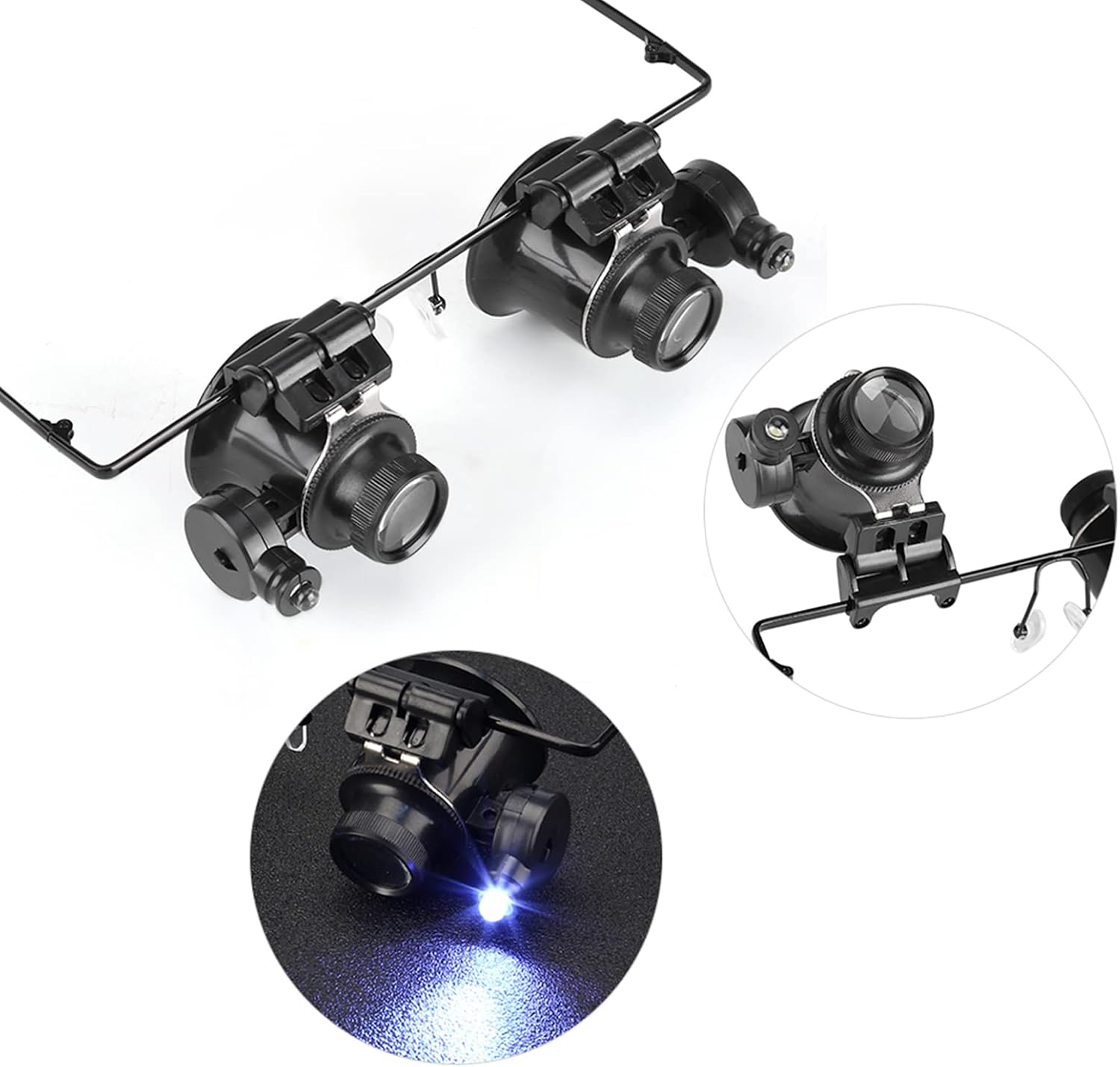 Eine schwarze Lupenbrille mit zwei verstellbaren Linsen und integriertem LED-Licht im Detail.