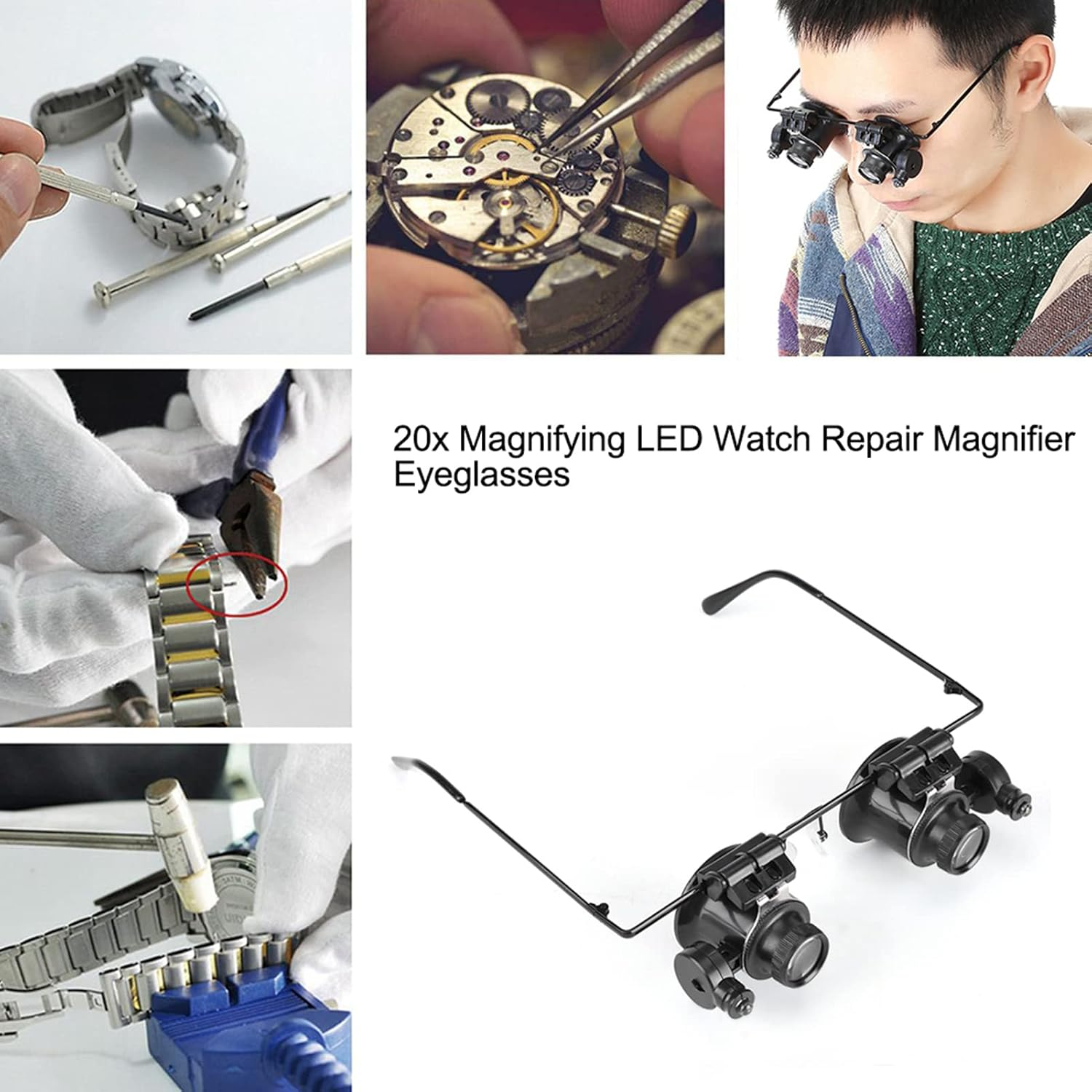 20x LED-Vergrößerungsbrille für Uhrenreparaturen, gezeigt mit Werkzeugen und Nahaufnahmen.