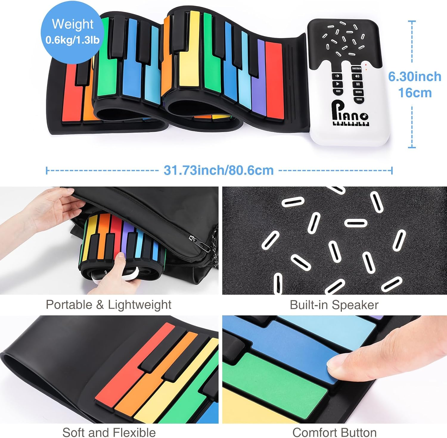 Ein tragbares, flexibles Roll-up-Klavier mit bunten Tasten, einem weißen Steuerteil und Maßen.