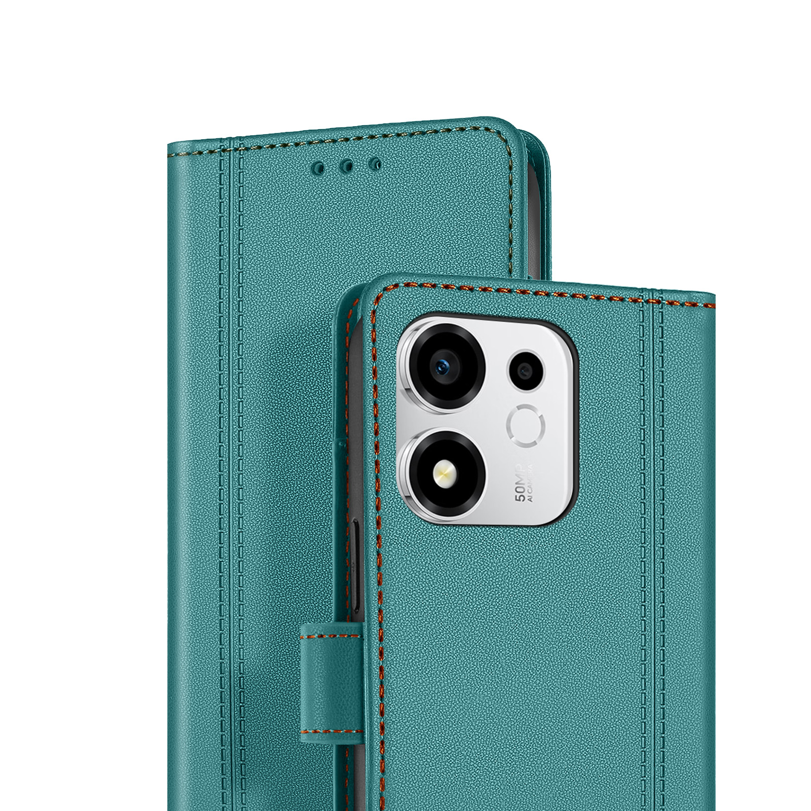 Ein türkisfarbener Lederklappdeckel für ein Smartphone mit einem weißen Kameramodul.