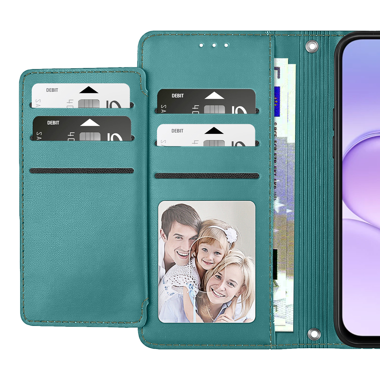 Grüne Flip-Phone-Hülle mit Kartenfächern, Geldscheinen und einem Familienfoto.