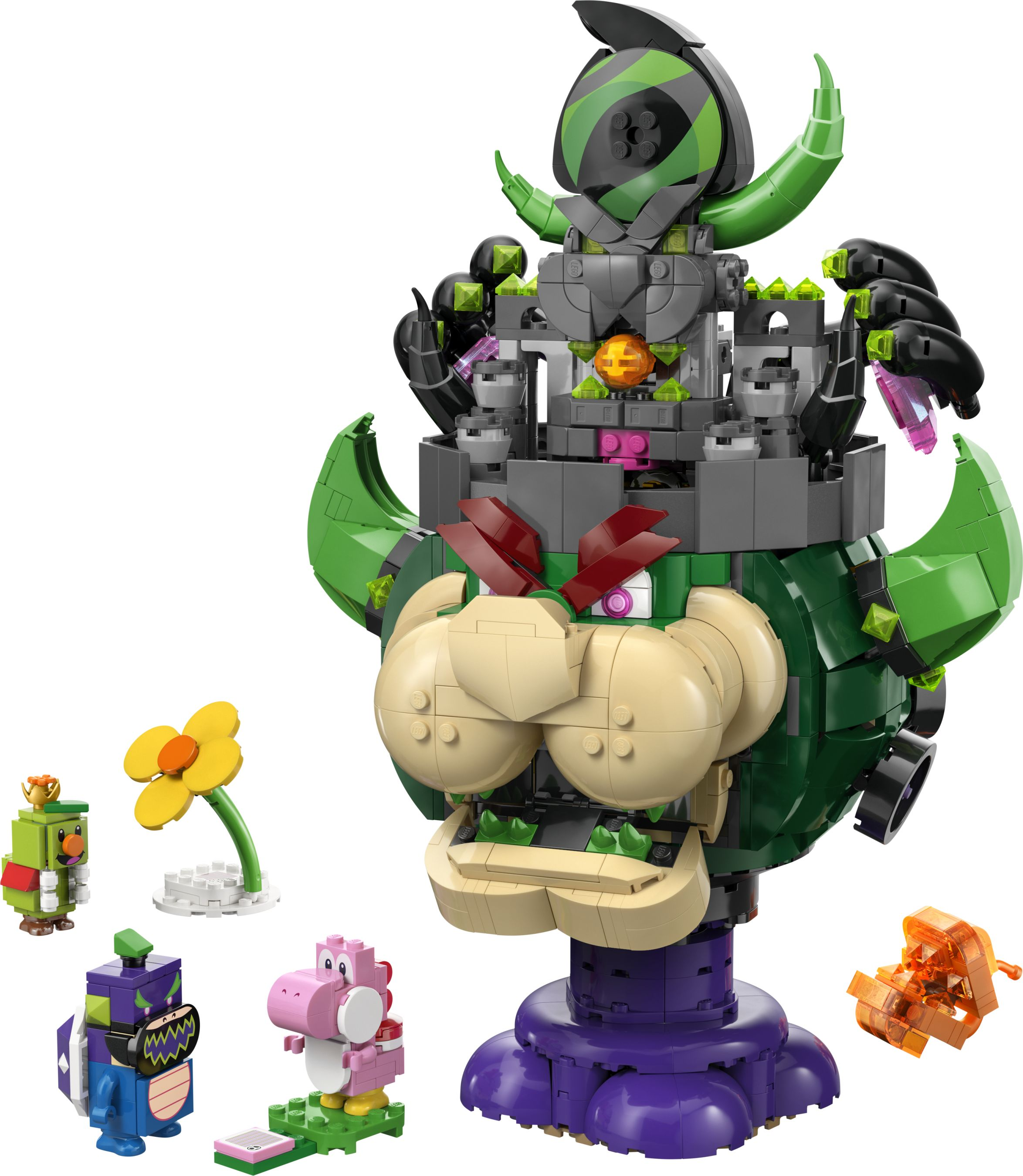 LEGO-Modell eines großen grünen Bowser-Kopfes mit kleineren Figuren und Zubehör auf weißem Hintergrund.