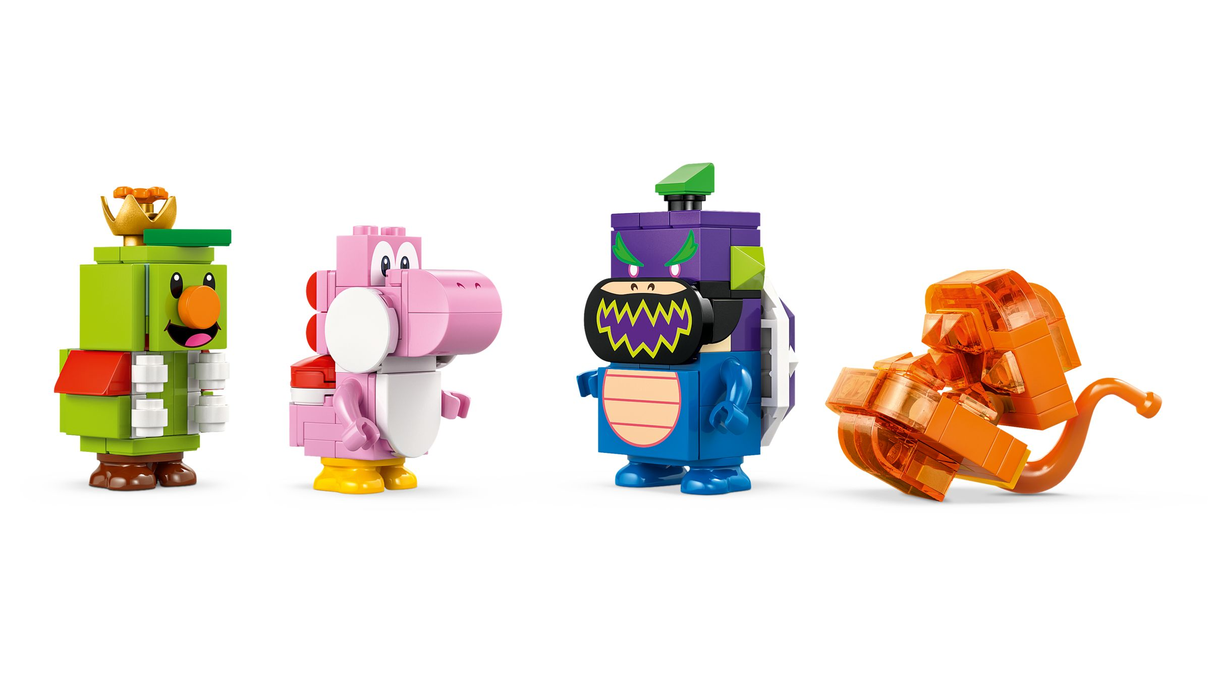 Vier bunte LEGO Super Mario Figuren vor weißem Hintergrund: ein grüner Block, rosa Yoshi, blauer Koopaling und orangefarbener Fisch.