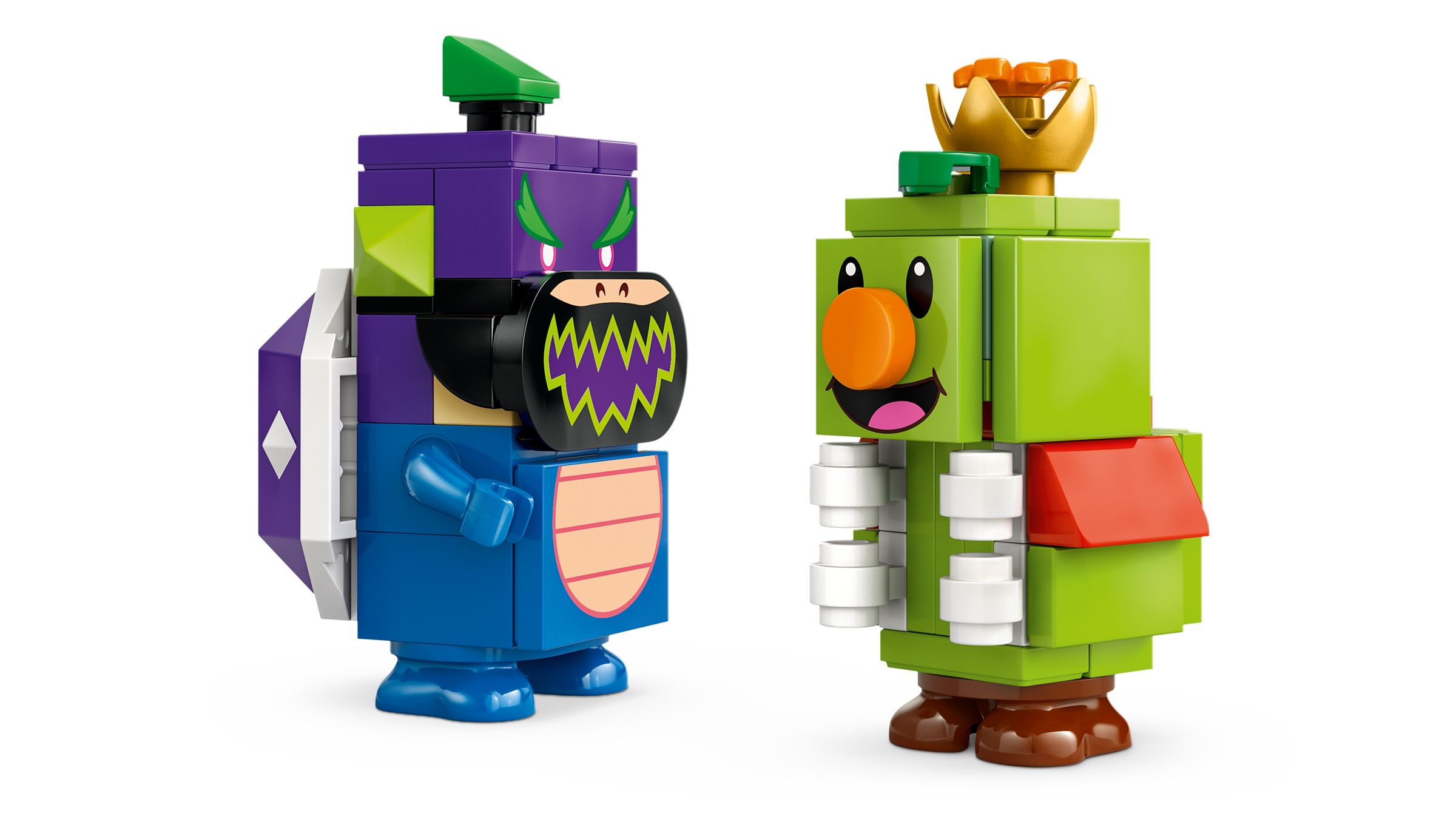 Zwei gebaute LEGO Figuren: links in Lila und Blau, rechts in Grün mit Krone.