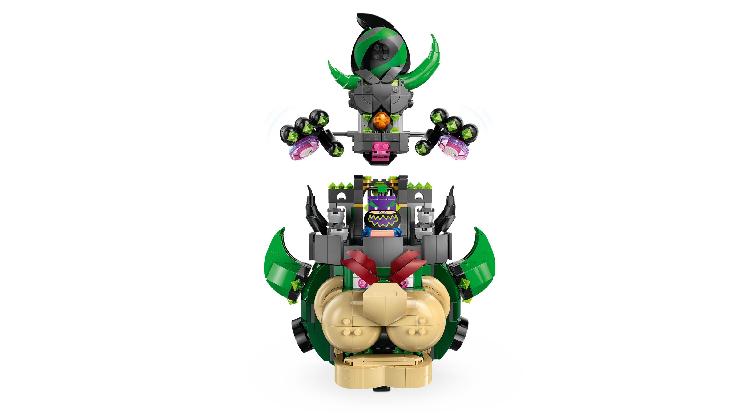 Ein baubares Lego-Monster mit grünen Hörnern, einem Minifiguren-Fahrer und einer schwebenden Obersektion.