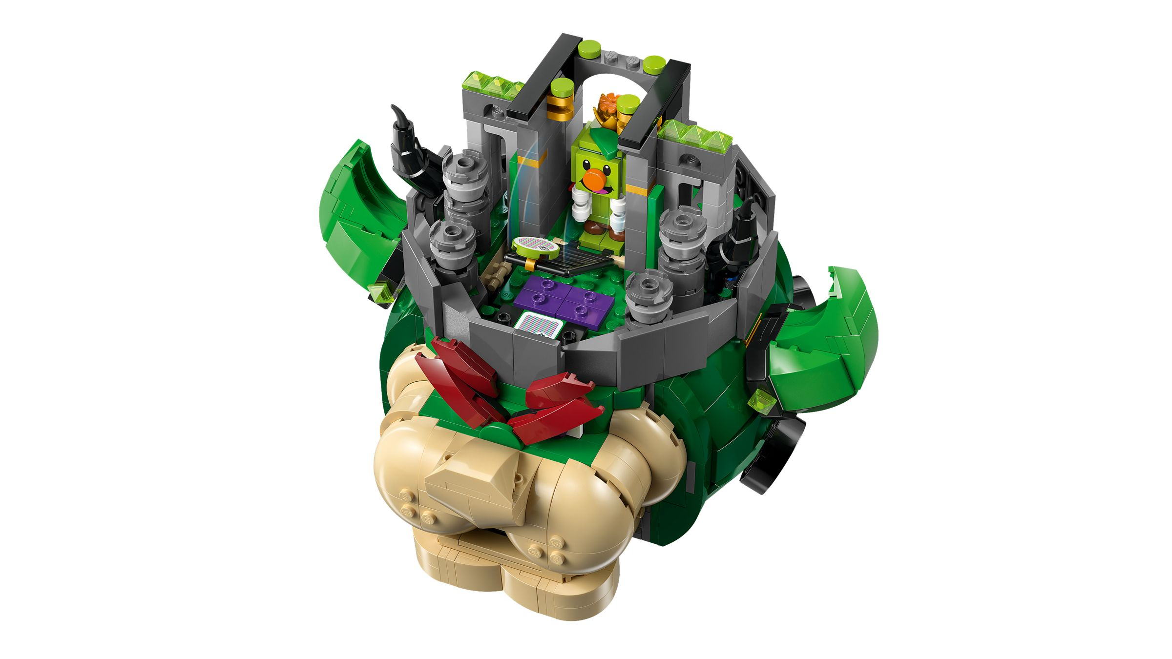 Ein grün-braunes Lego-Modell einer Bowser-Festung mit einer kleinen Figur und grauen Türmen.