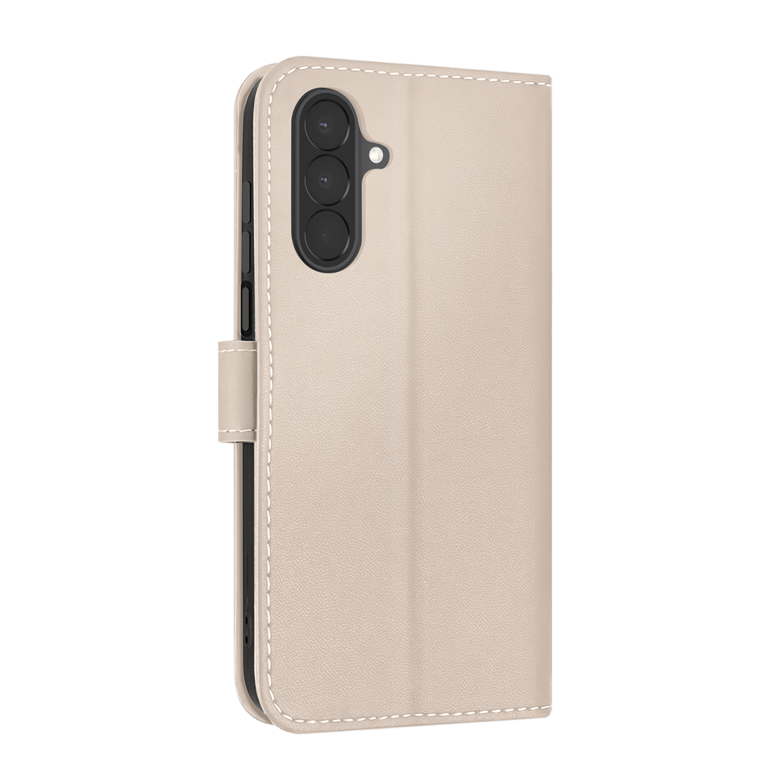 Beige klappbare Handytasche mit weißer Naht und vertikalem Kameramodul auf der Rückseite.